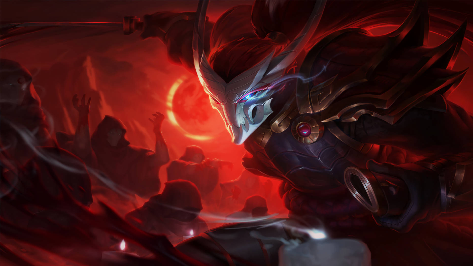 League Of Legends Champions, red aura, glowing blue eyes, Full HD Desktop Wallpaper