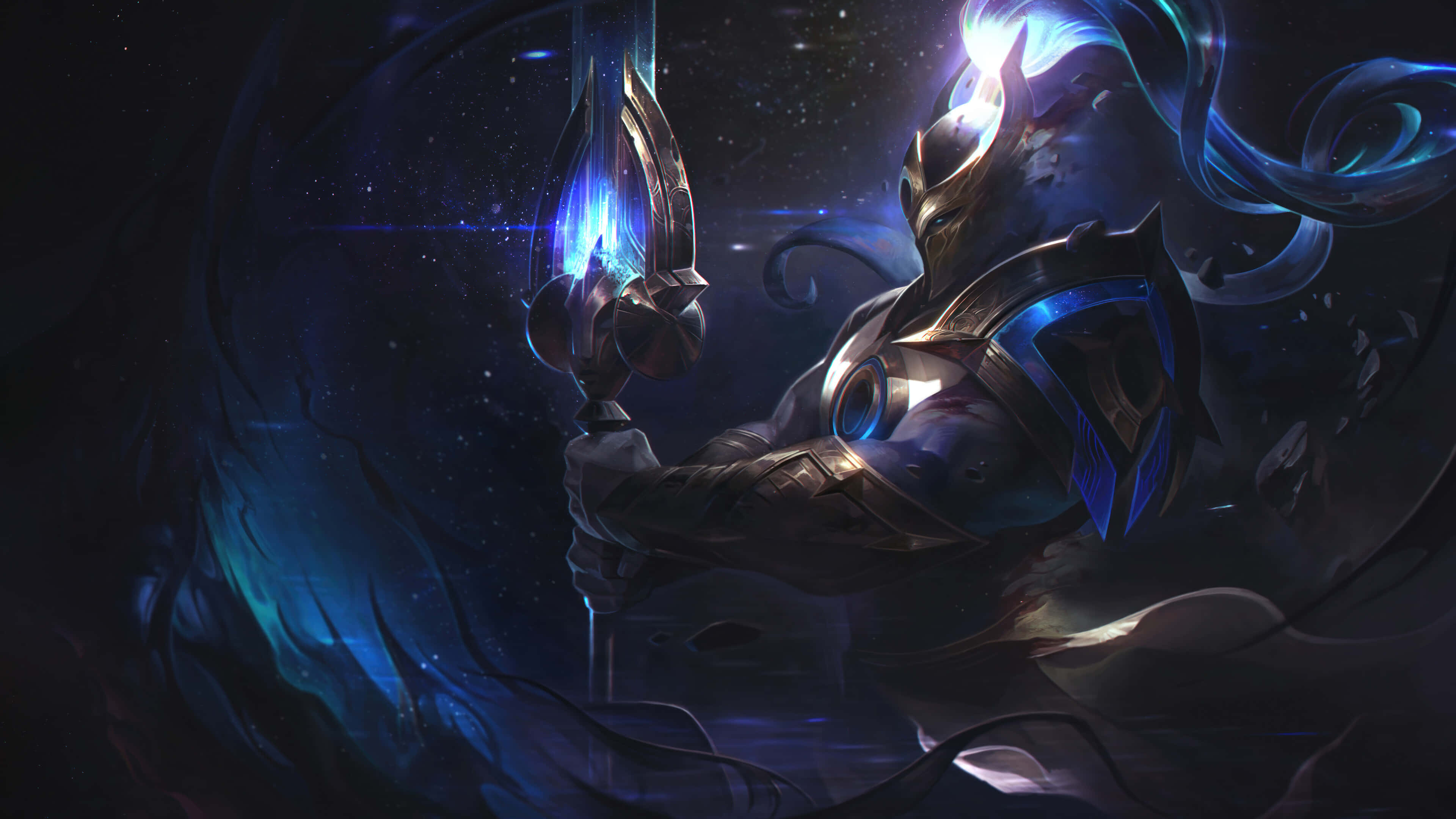 League of Legends Champions, glowing blue spear, cosmic starry backdrop, 4K Desktop Wallpaper