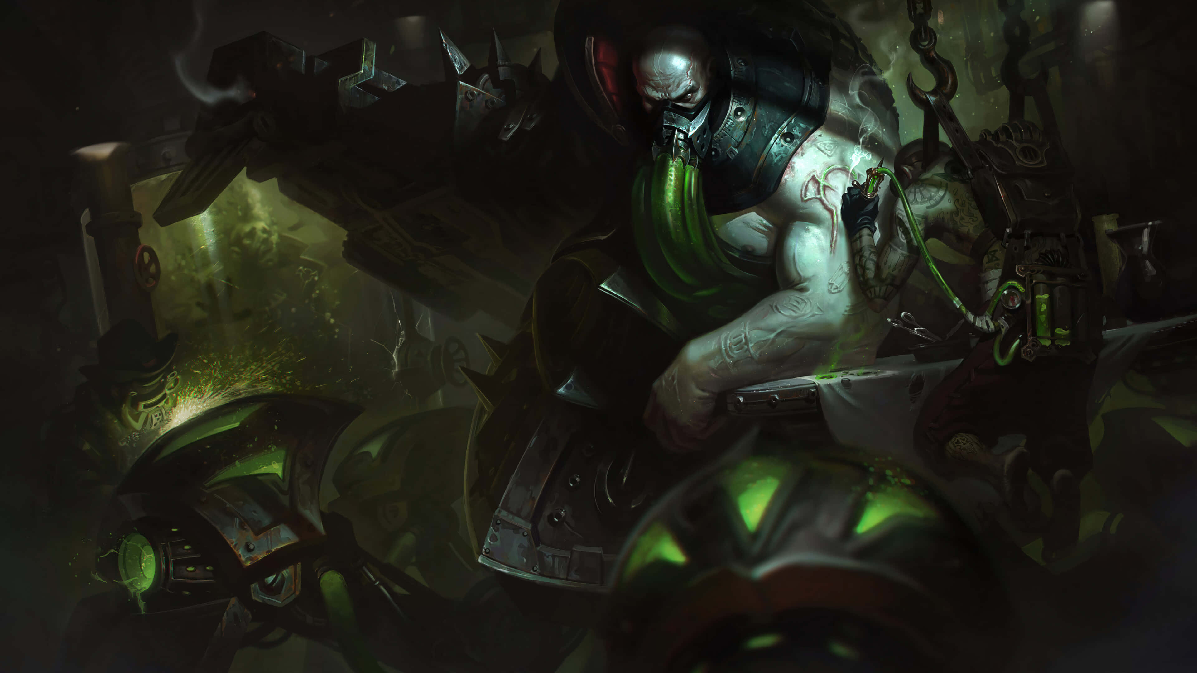 League of Legends Champions, muscular armored warrior, glowing green tubes, 4K Desktop Wallpaper
