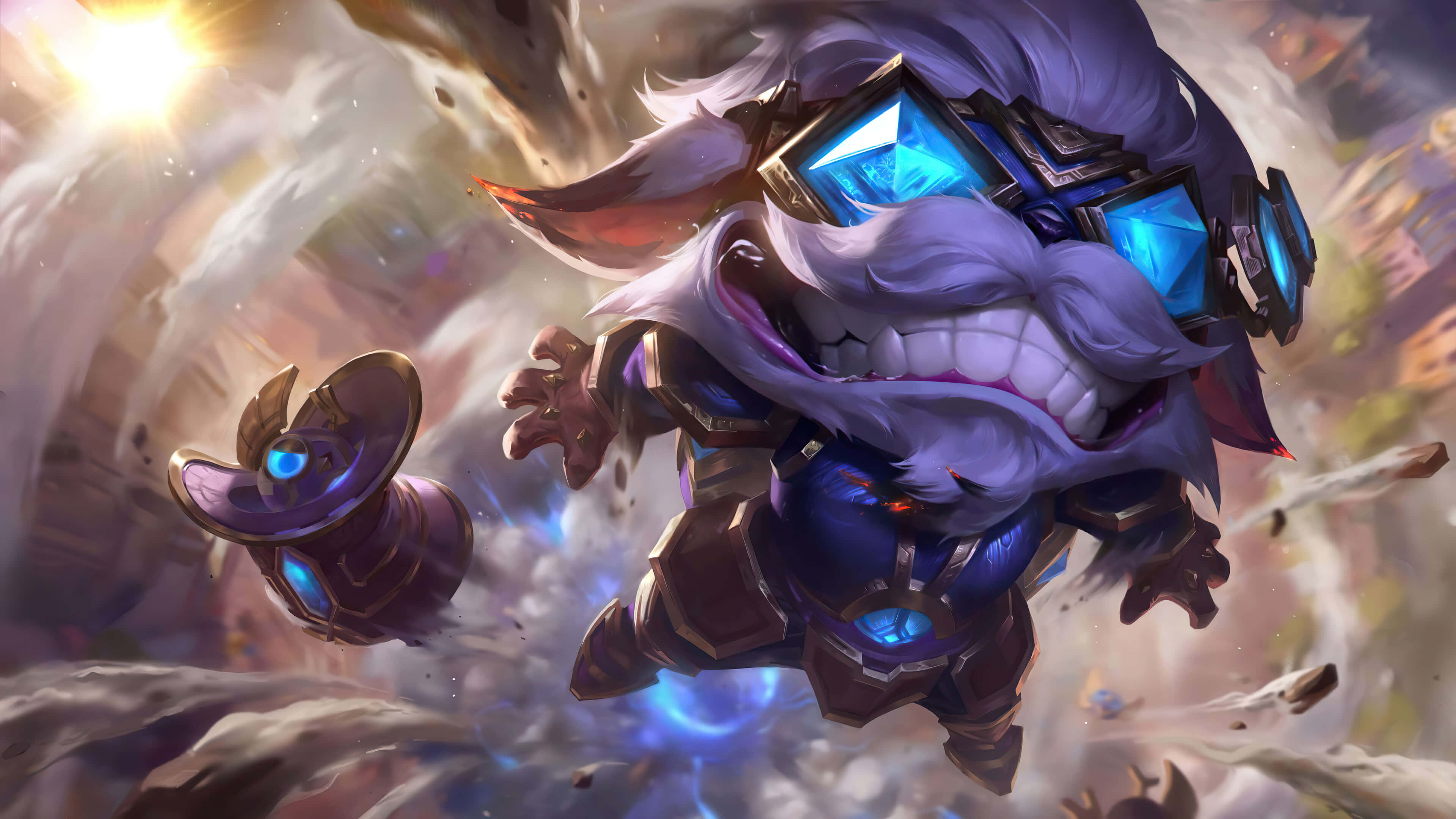 League Of Legends Champions, purple-haired gaming character, glowing blue goggles, 4K Desktop Wallpaper
