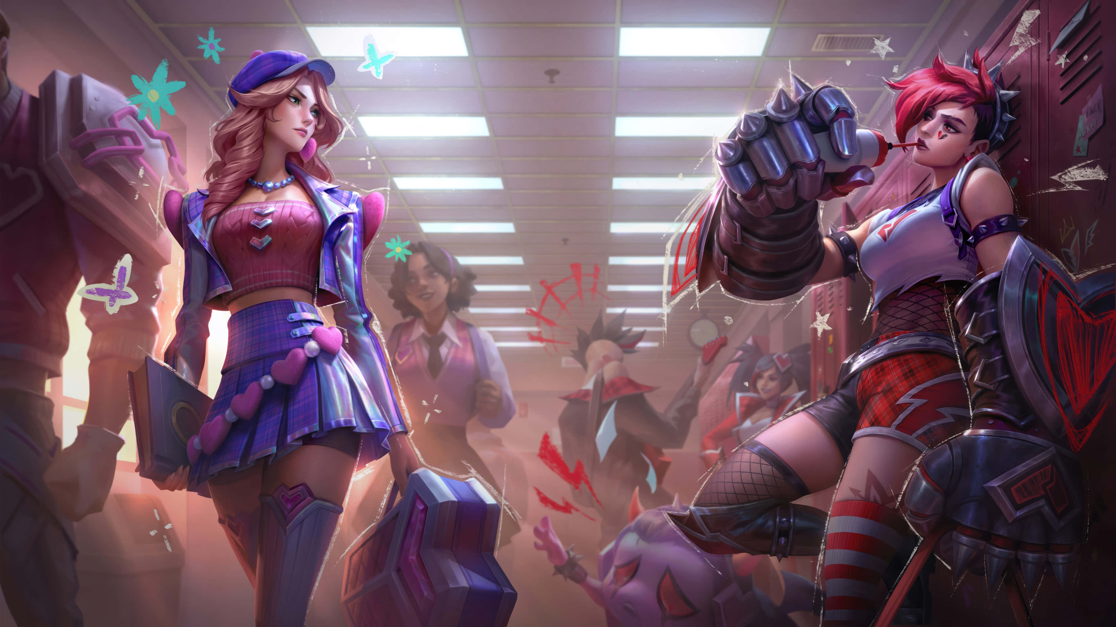 League of Legends: Champions, female fighters, vibrant school hallway, 4K Desktop Wallpaper