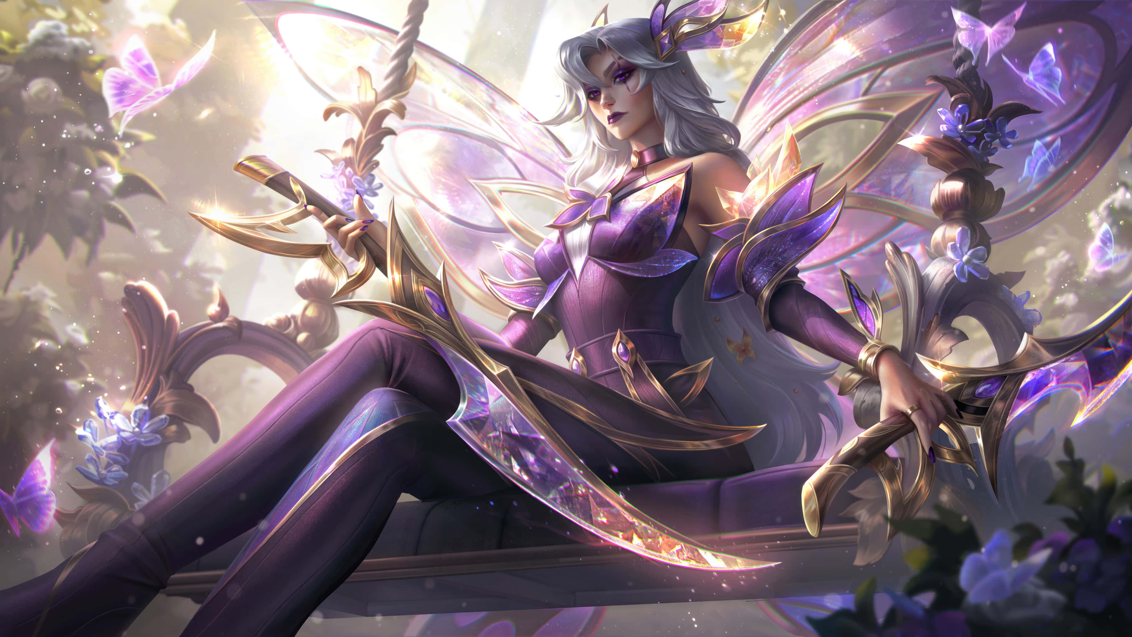 League of Legends Champions, purple-winged fairy, silver hair, 4K Desktop Wallpaper