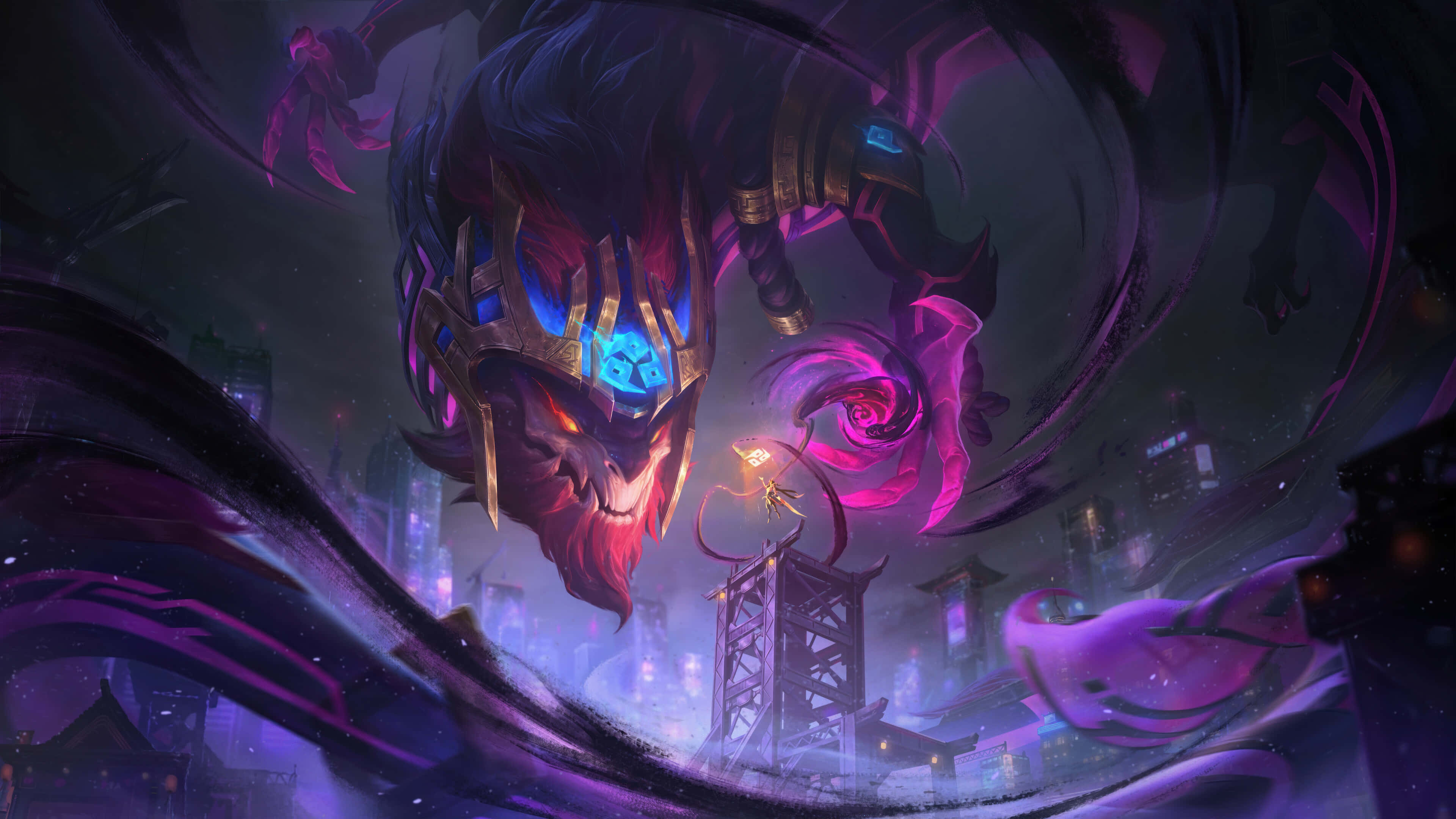 League Of Legends Champions, glowing blue eyes, purple energy swirls, 4K Desktop Wallpaper