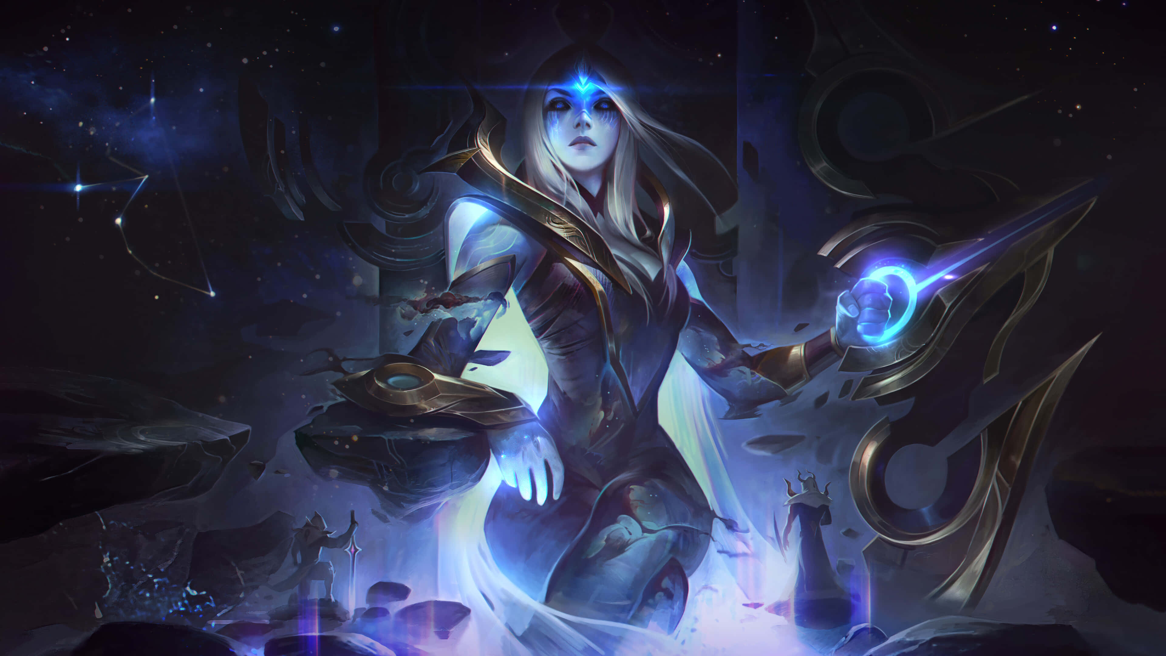 League of Legends Champions, glowing blue-haired warrior, ornate armor, 4K Desktop Wallpaper