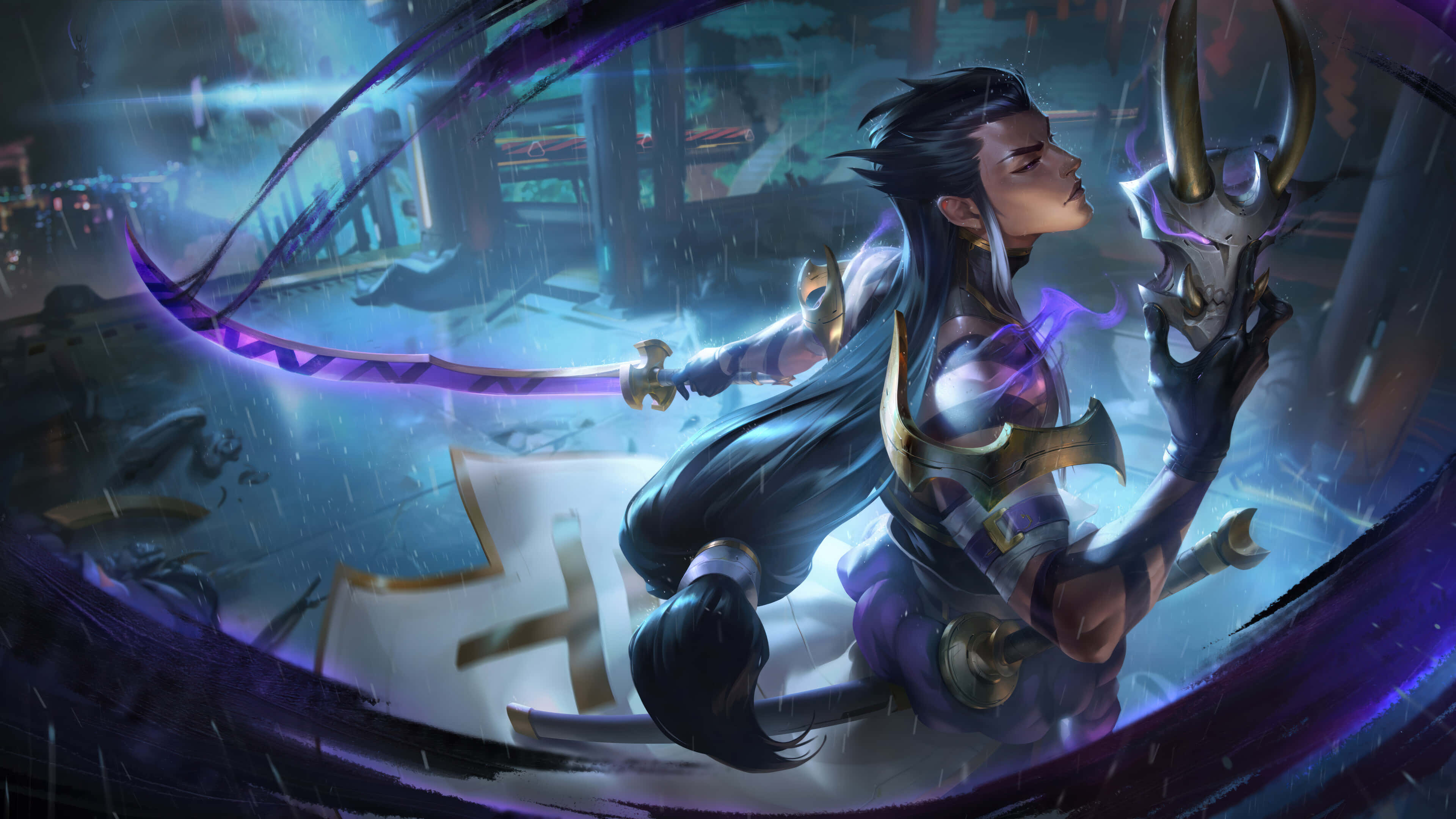 League Of Legends Champions, glowing purple sword, rainy mystical battlefield, 4K Desktop Wallpaper