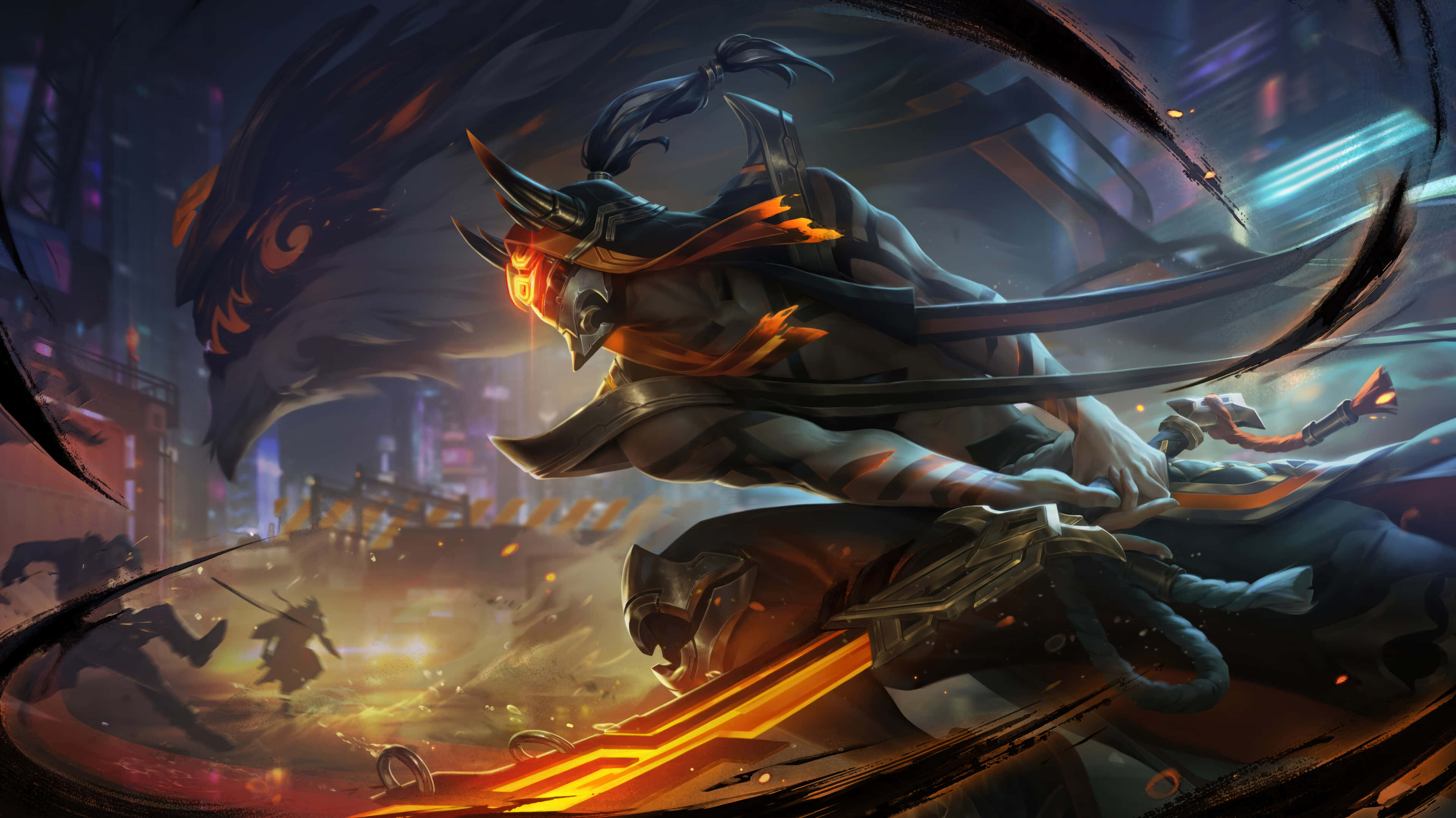 League of Legends Champions, cyberpunk cityscape, neon-drenched, 4K Desktop Wallpaper