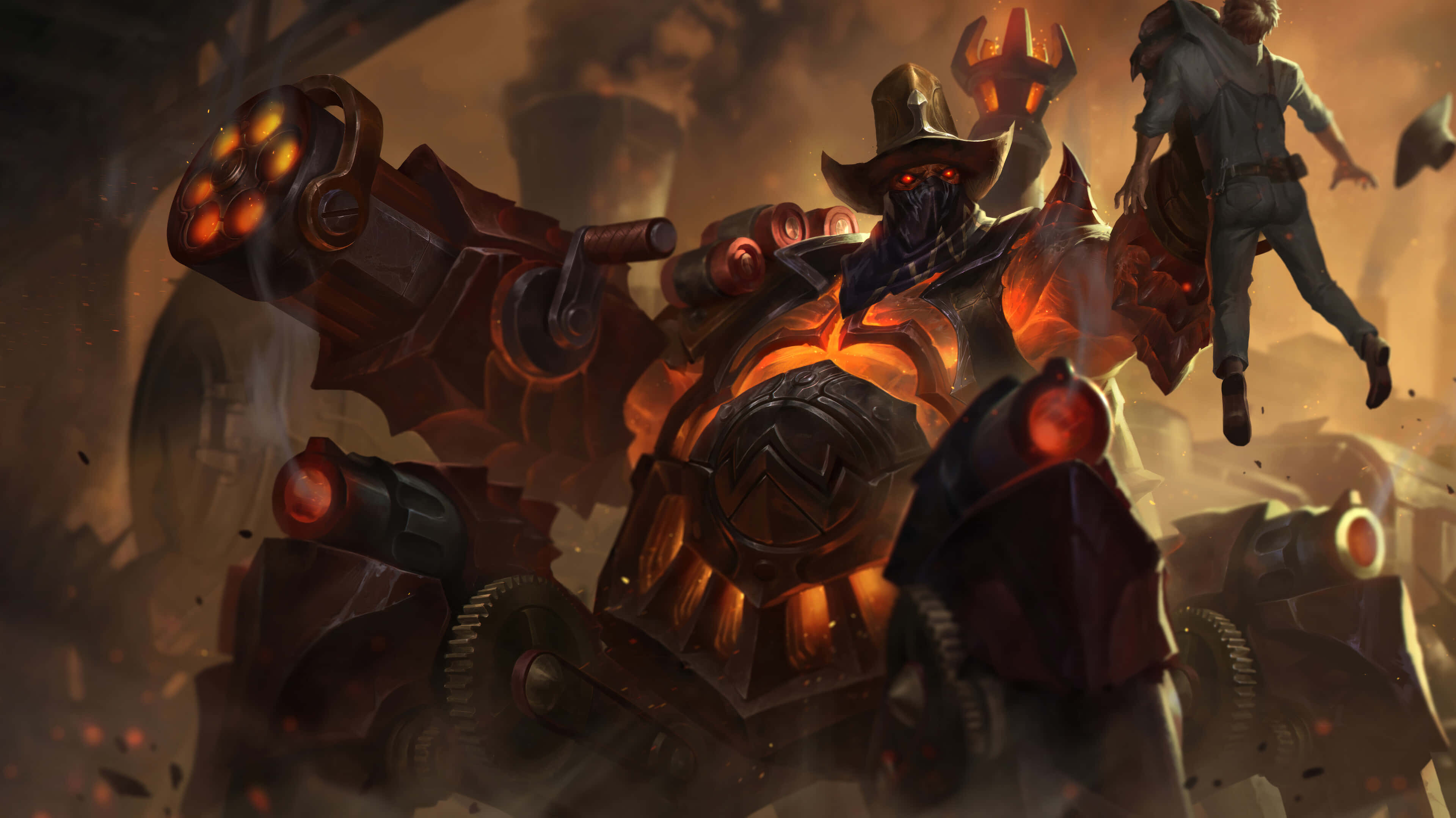 League Of Legends Champions, fiery armored warrior, glowing red eyes, 4K Desktop Wallpaper