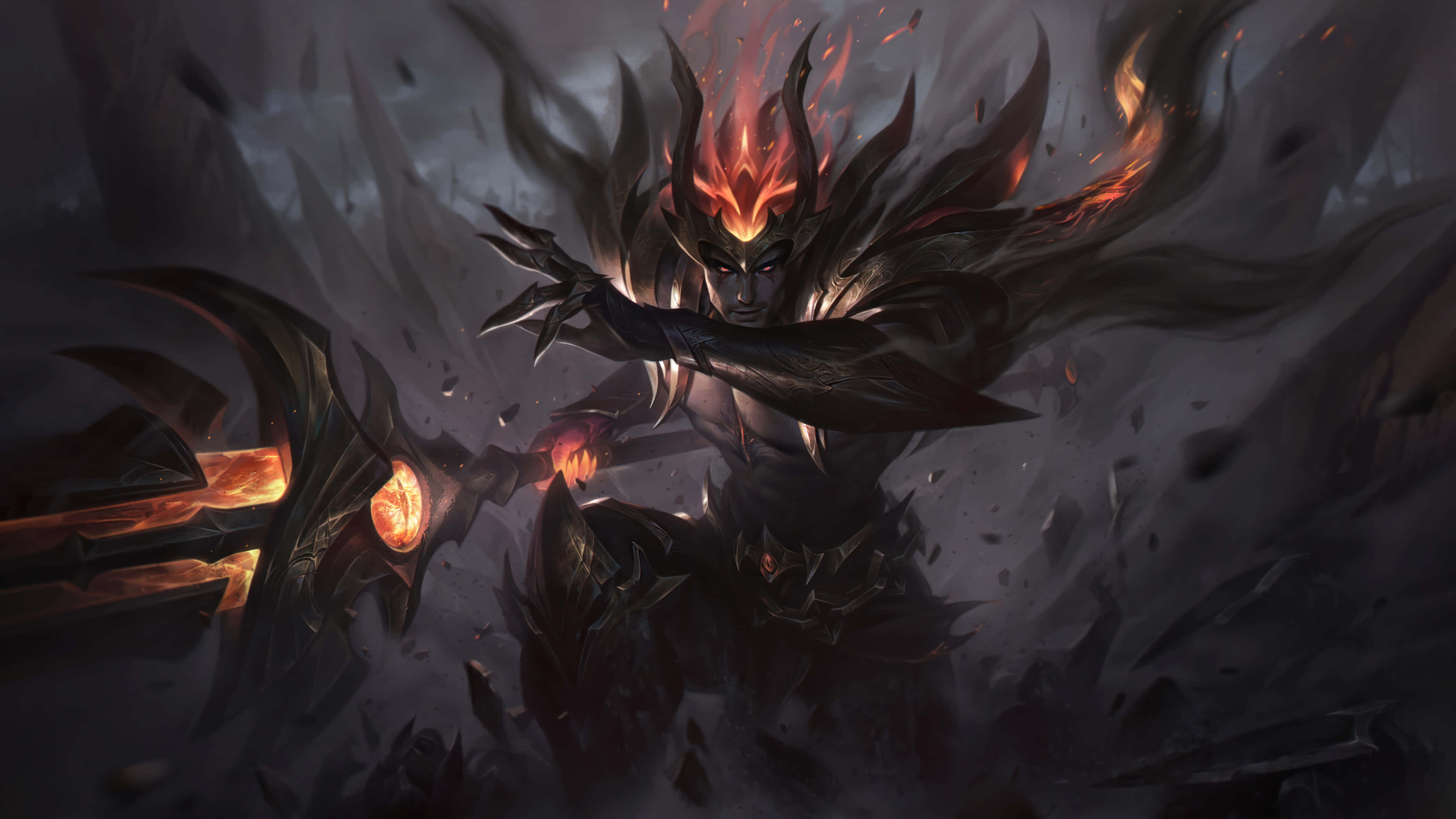 League of Legends Champions, dark armored warrior, fiery crown, 4K Desktop Wallpaper