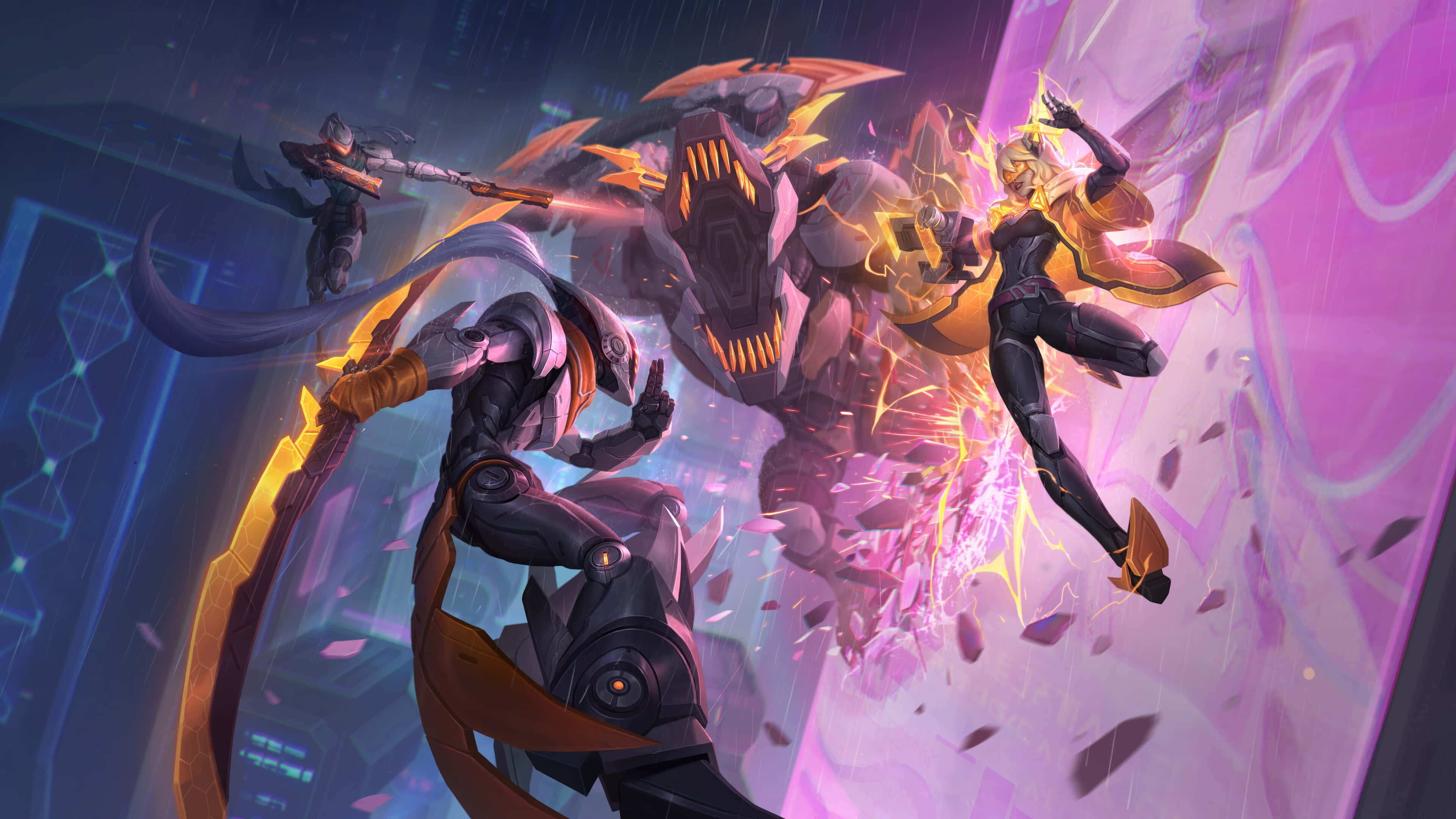 League of Legends Champions, neon-drenched digital battlefield, glowing purple skies, 4K Desktop Wallpaper
