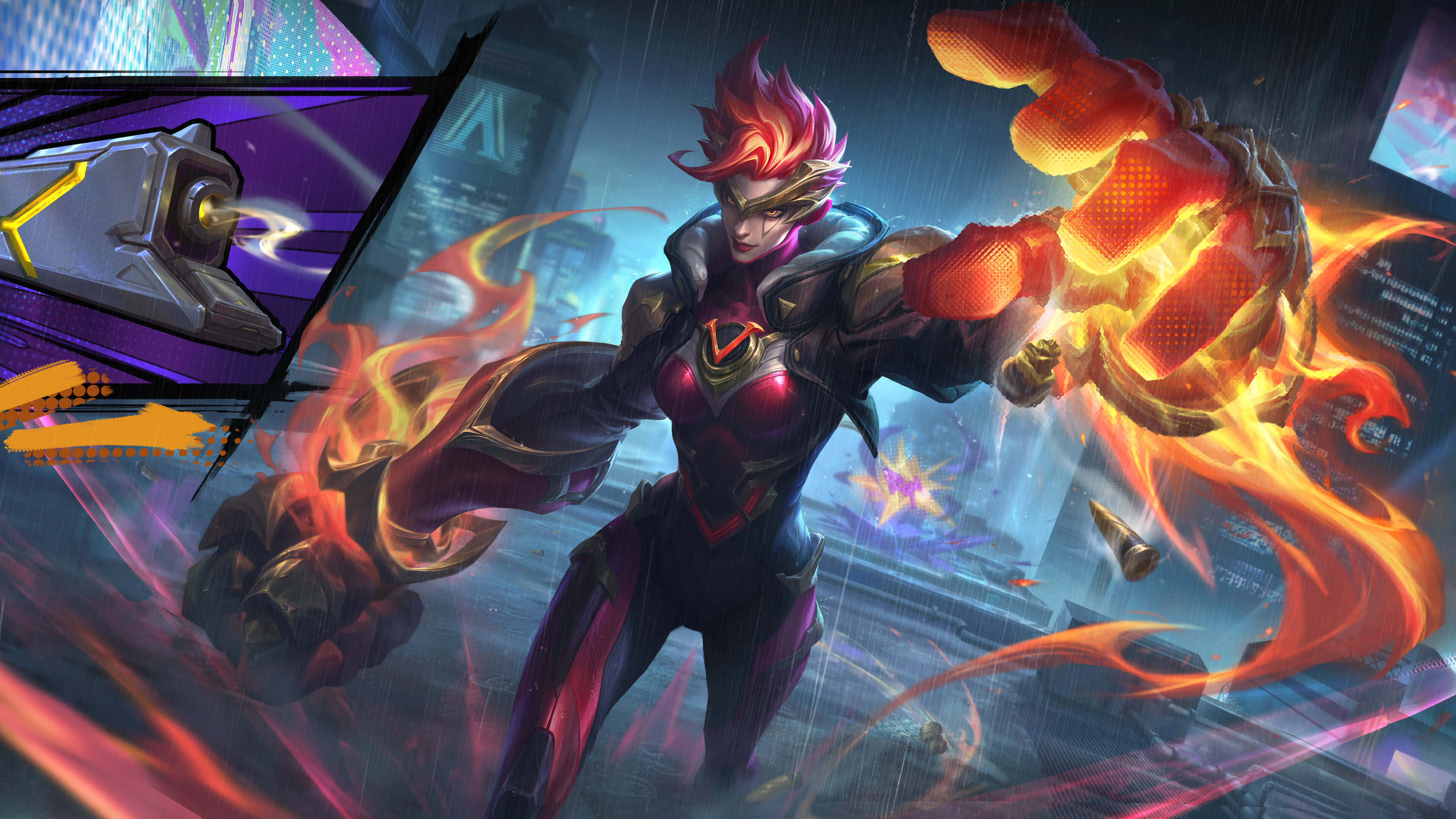 League Of Legends Champions, fiery-haired warrior, dark suit, 4K Desktop Wallpaper