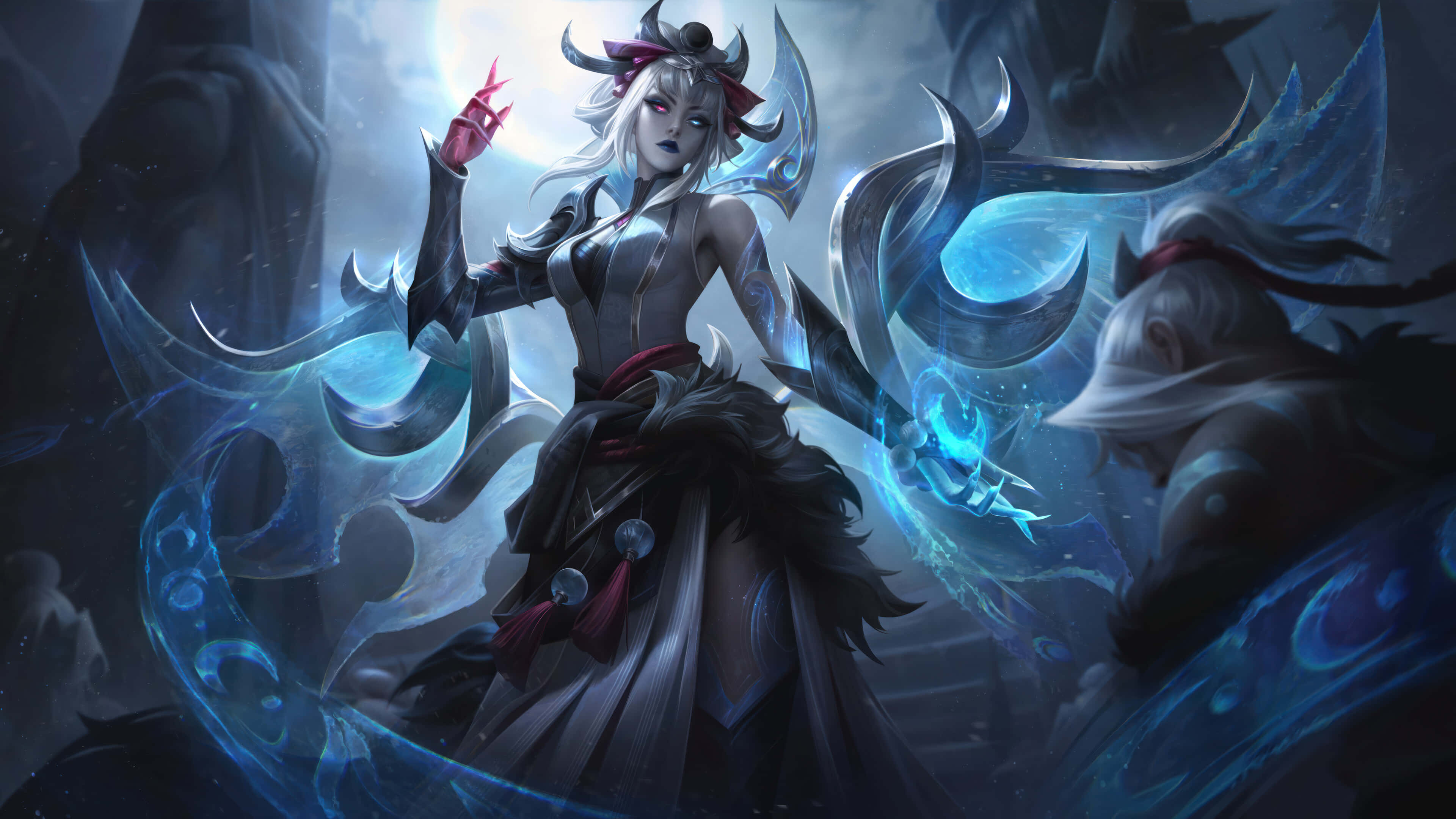 League of Legends Champions, dark fantasy anime warrior, white hair, 4K Desktop Wallpaper