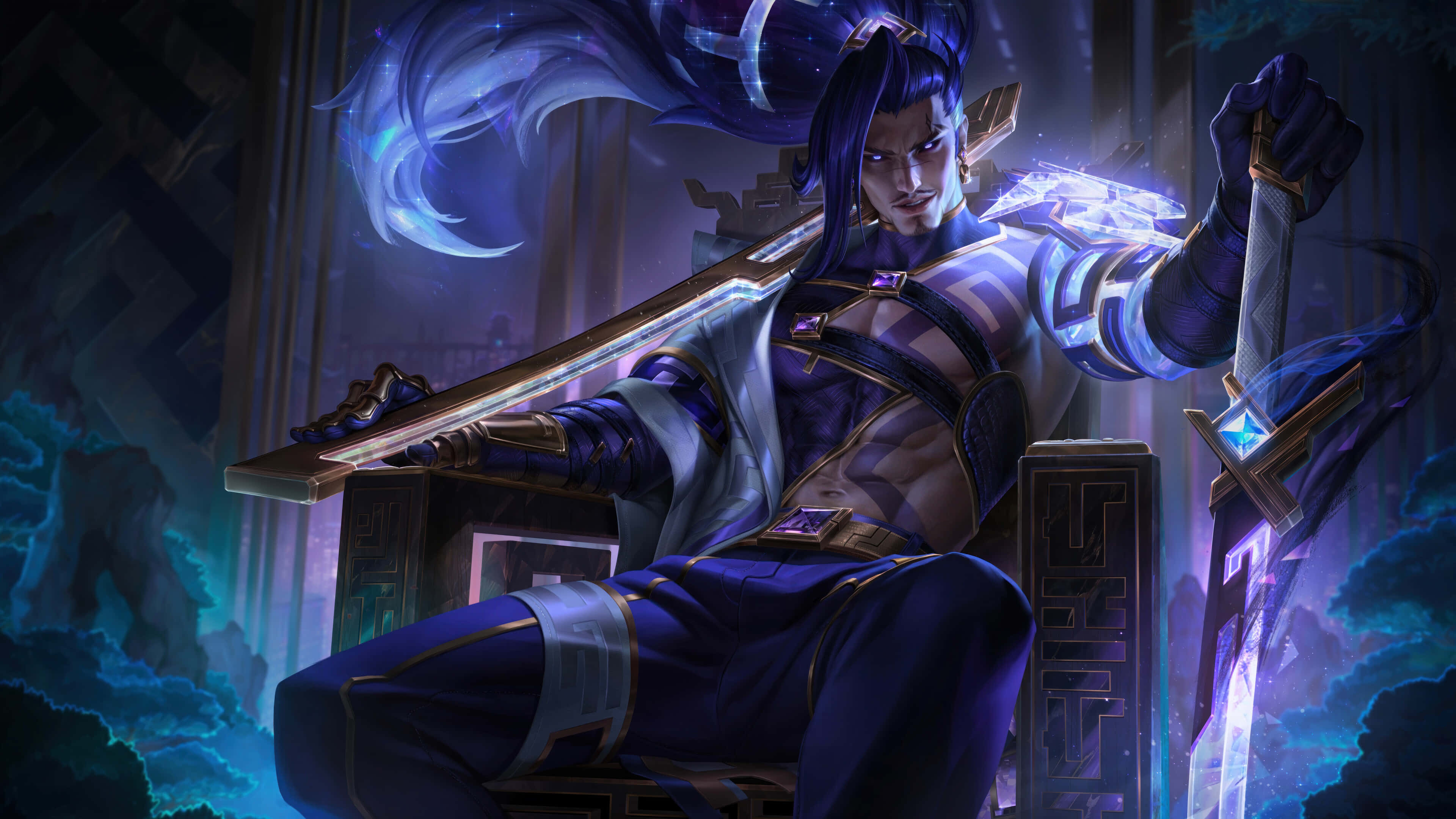 League of Legends Champions, muscular warrior, glowing blue hair, 4K Desktop Wallpaper