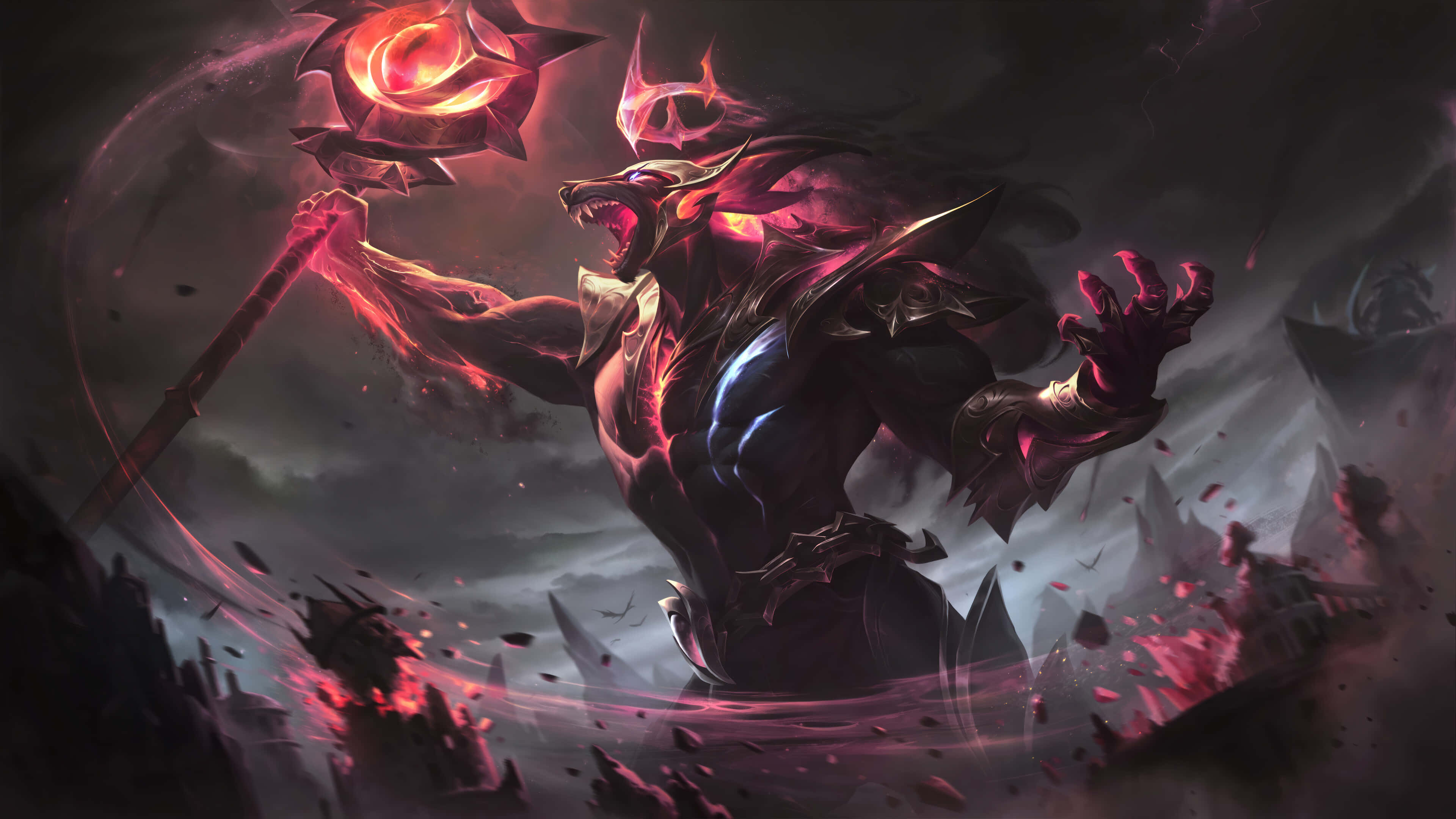 League Of Legends Champions, demonic warrior, glowing red spiked mace, 4K Desktop Wallpaper
