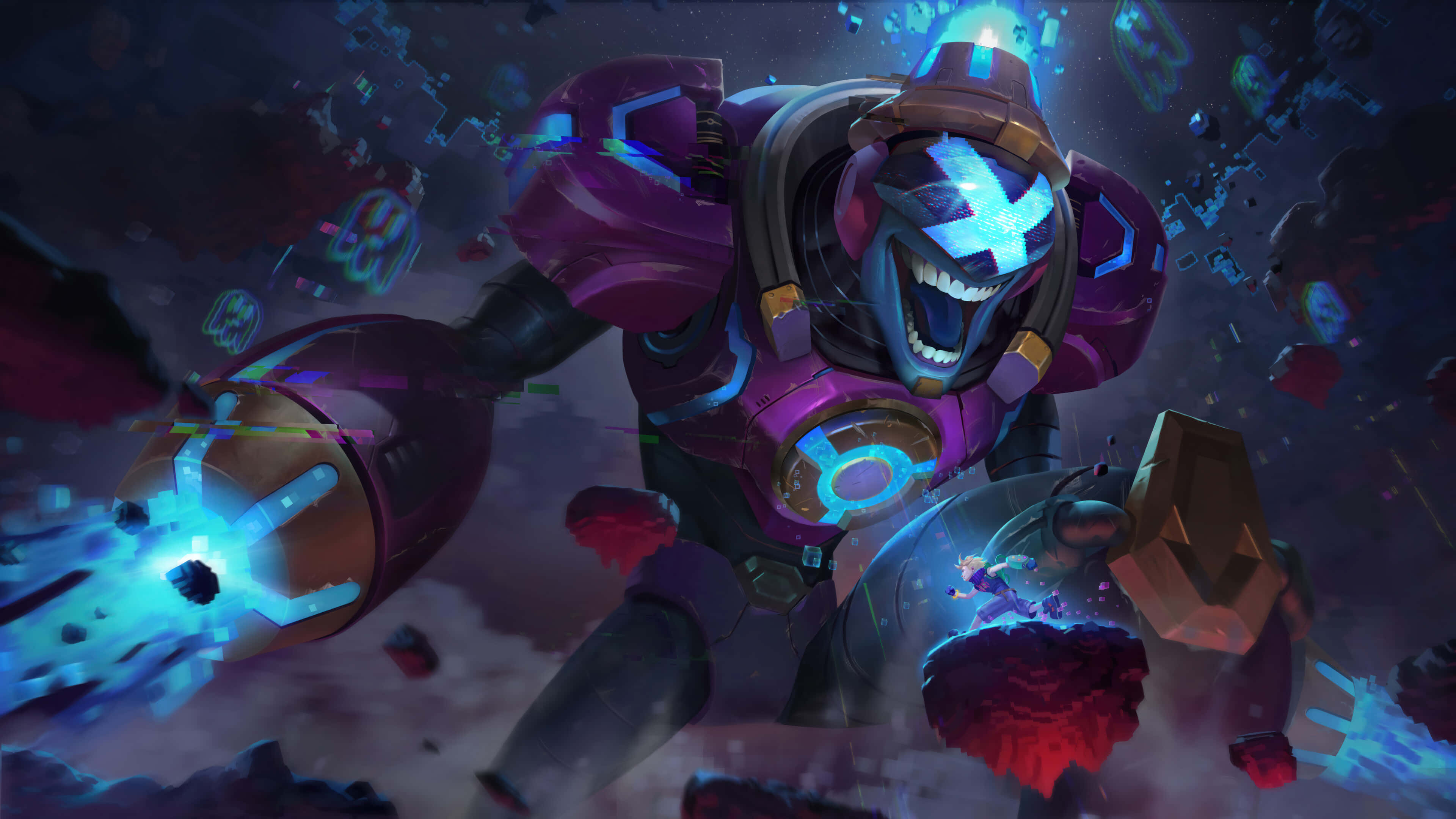 League of Legends Champions, purple armored warrior, glowing blue eyes, 4K Desktop Wallpaper