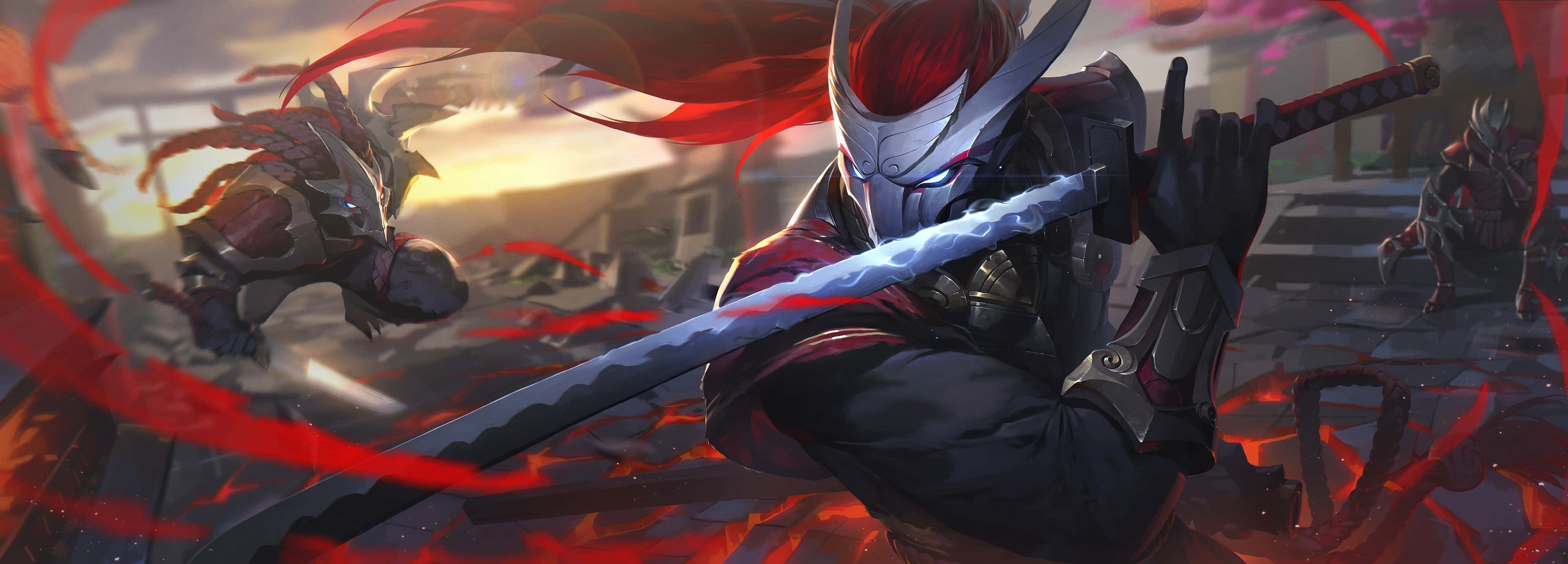 League Of Legends, dual screen, masked warrior, 4K Desktop Wallpaper