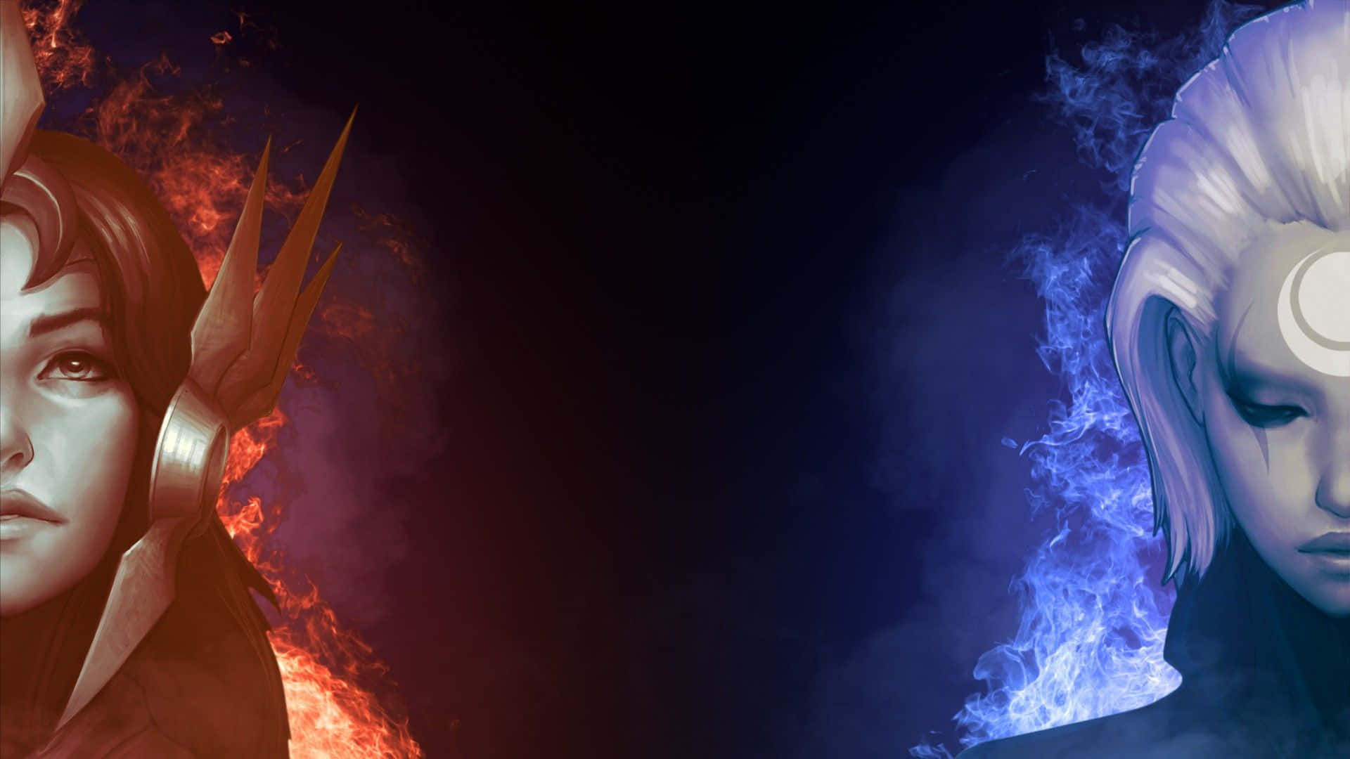 League Of Legends Dual Screen, fiery red flames, icy blue flames, Full HD Desktop Wallpaper