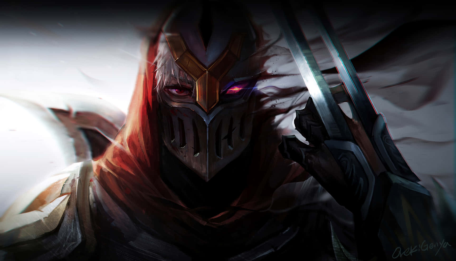 League of Legends, masked warrior, glowing red eyes, Full HD Desktop Wallpaper
