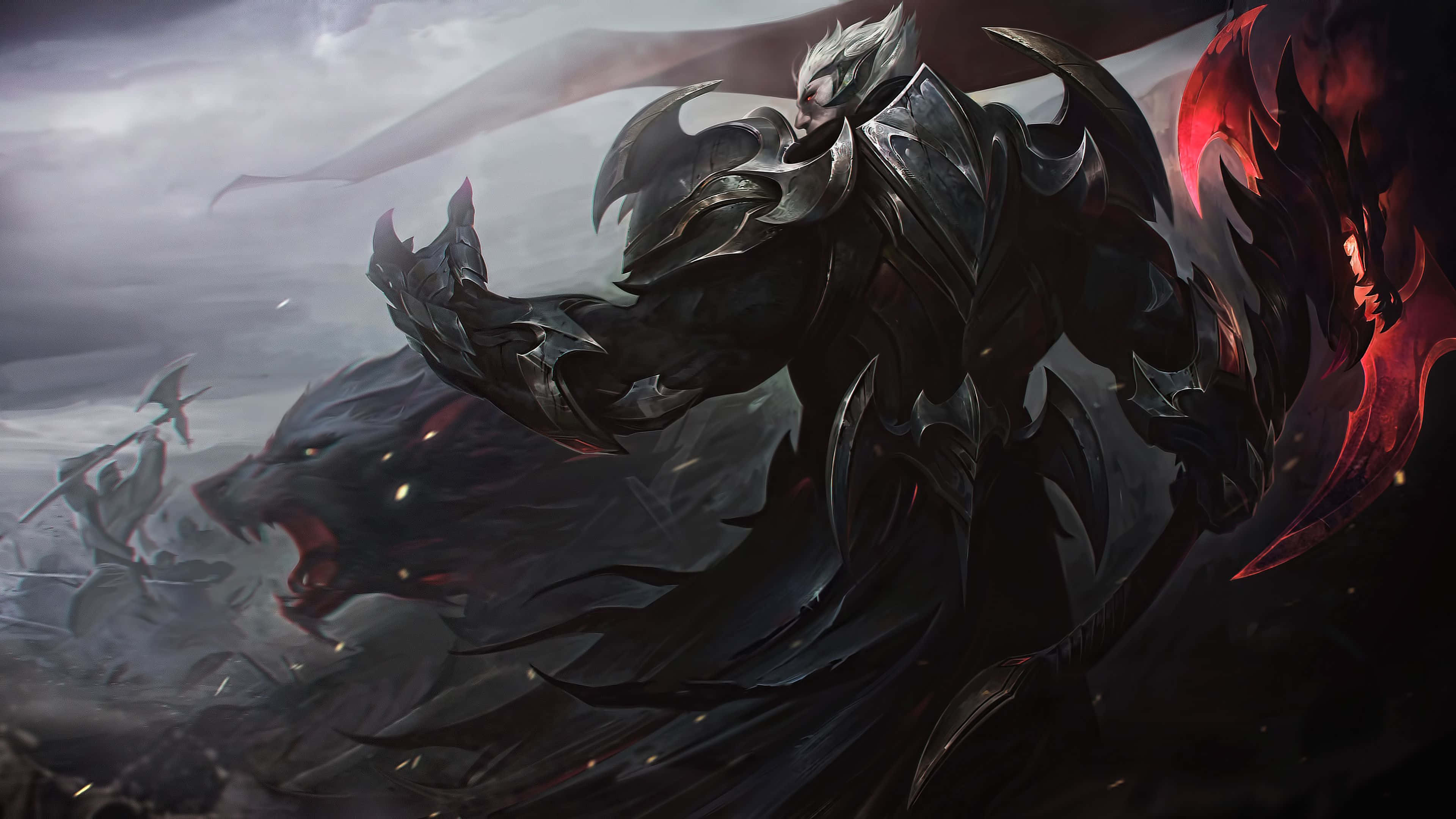 League Of Legends, dark armored warrior, white hair, 4K Desktop Wallpaper