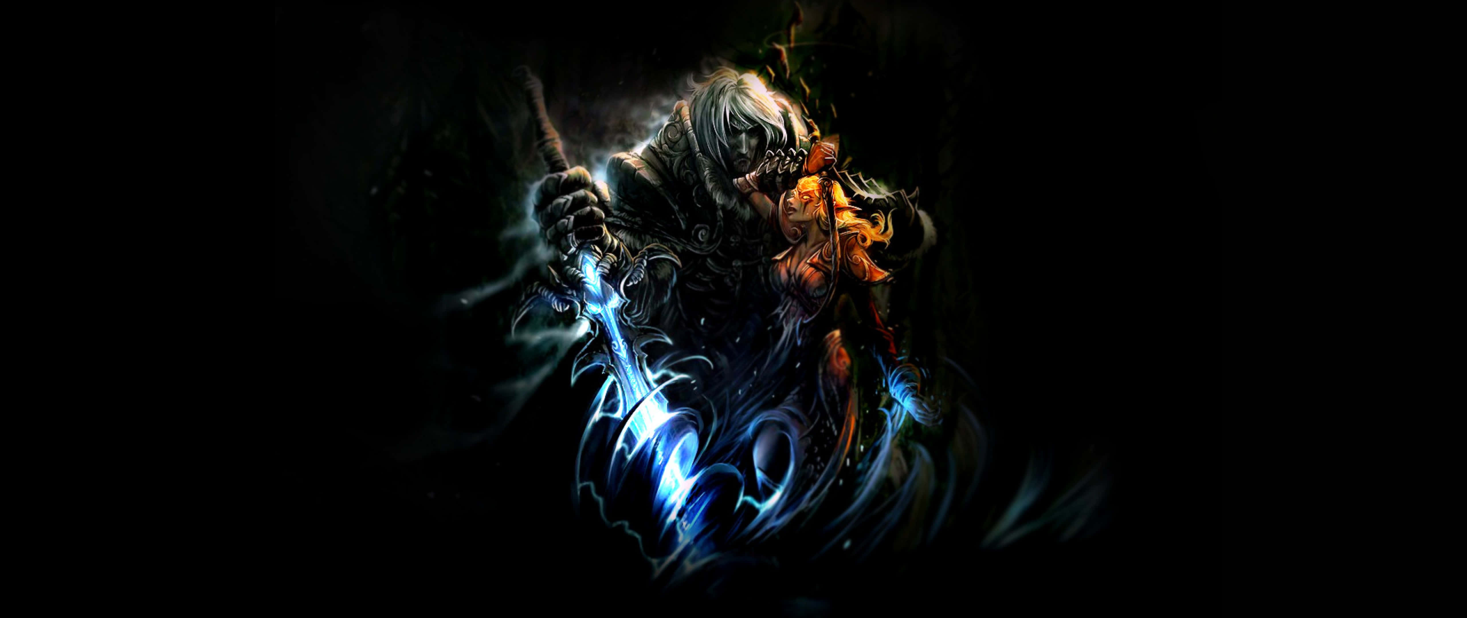 League of Legends HD, dark fantasy warrior, glowing blue sword, 5K Desktop Wallpaper