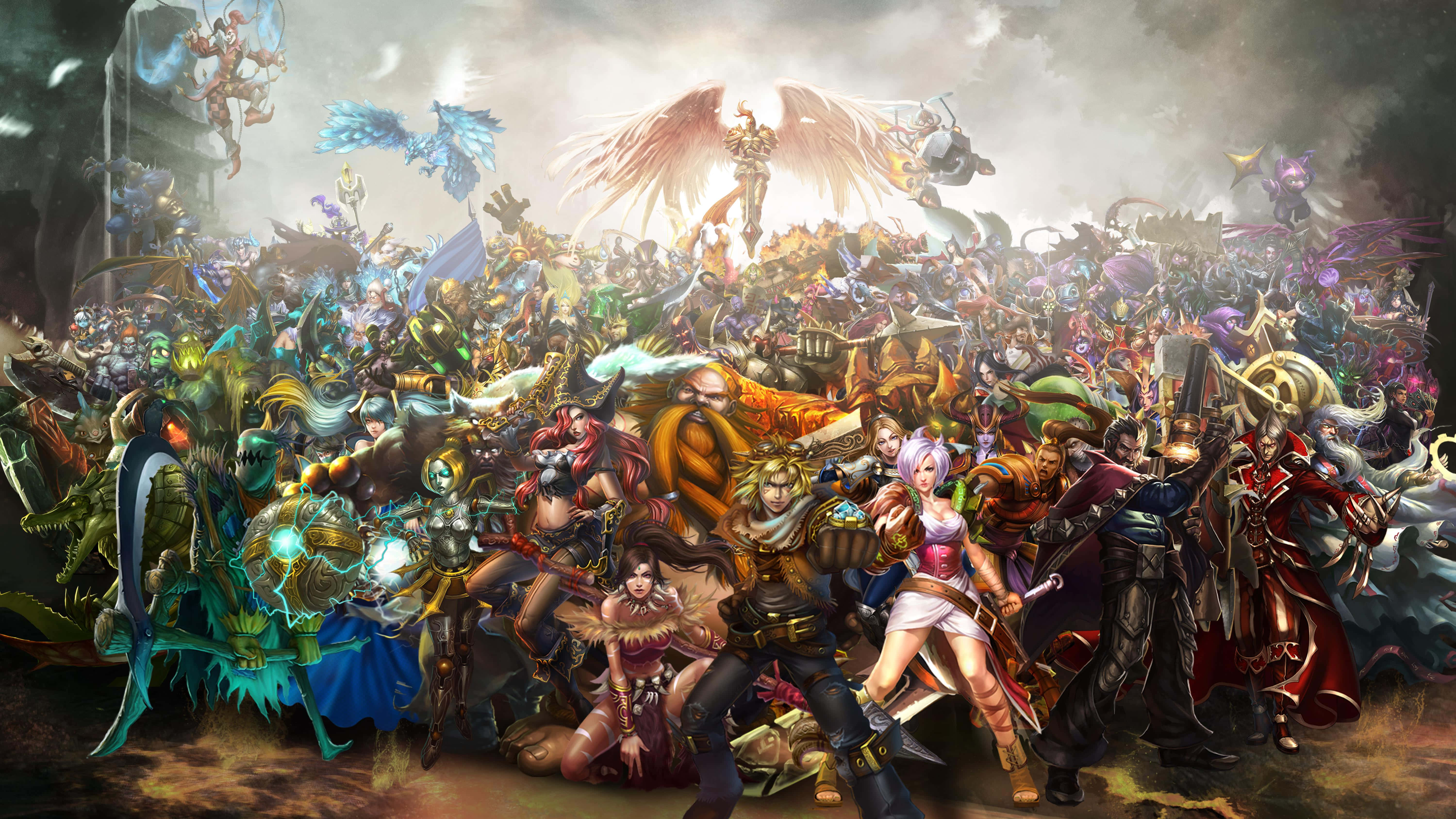 League Of Legends HD, fantasy battle scene, diverse warriors, 5K Desktop Wallpaper