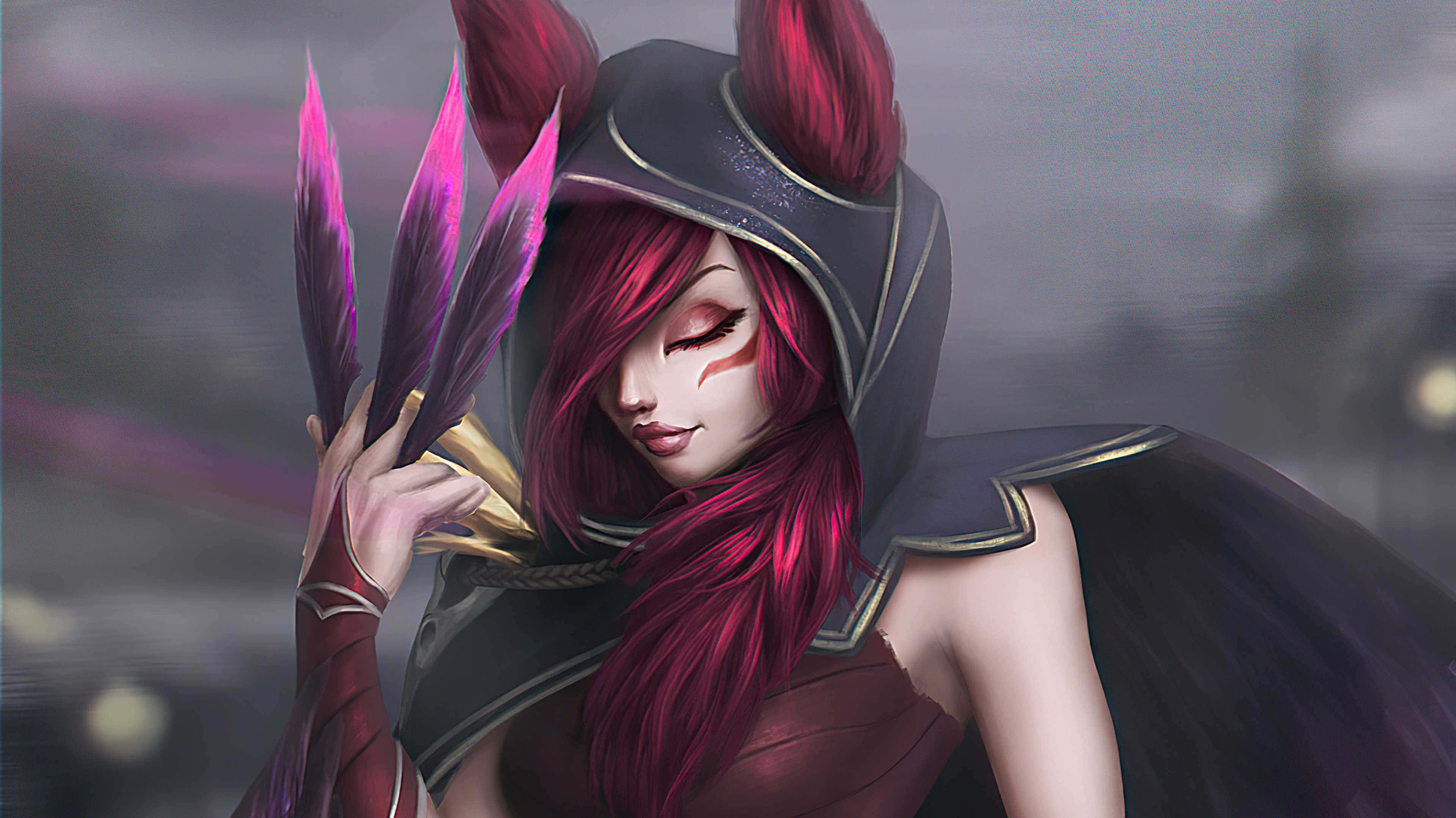 League Of Legends HD, red-haired anime girl, dark armor, 4K Desktop Wallpaper