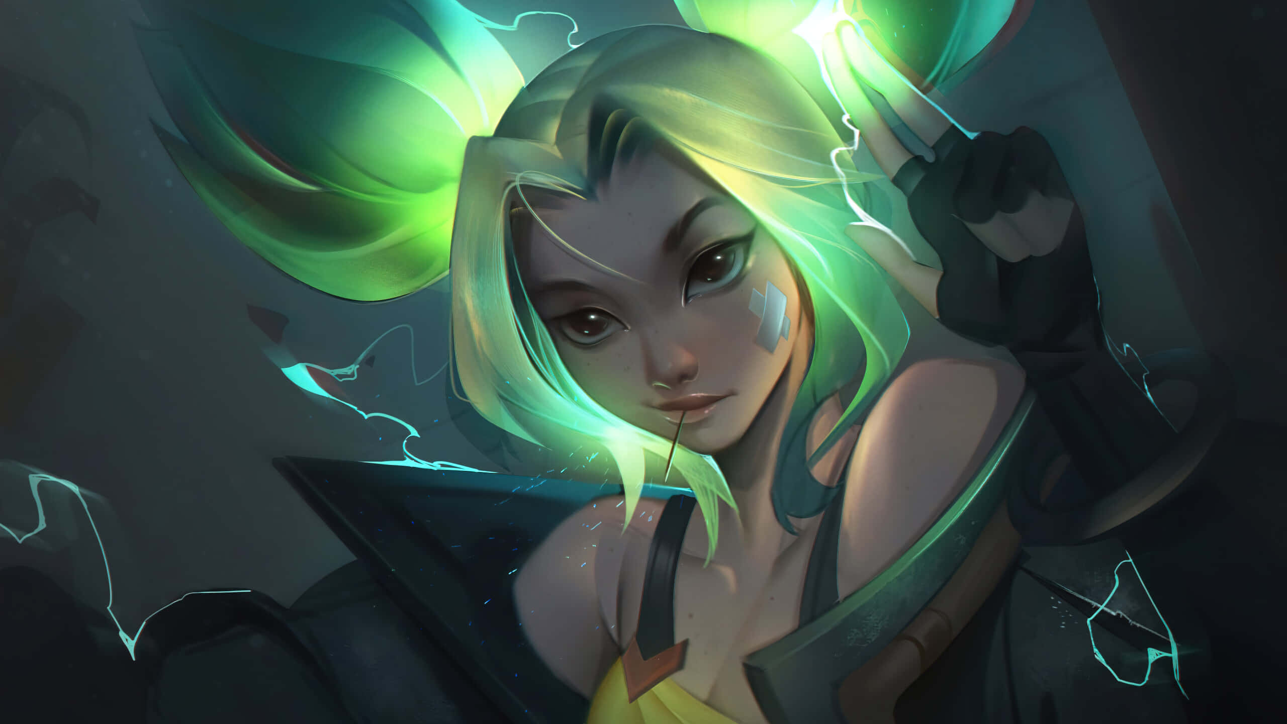 League Of Legends HD, glowing green-haired anime girl, electric energy, 2K Desktop Wallpaper