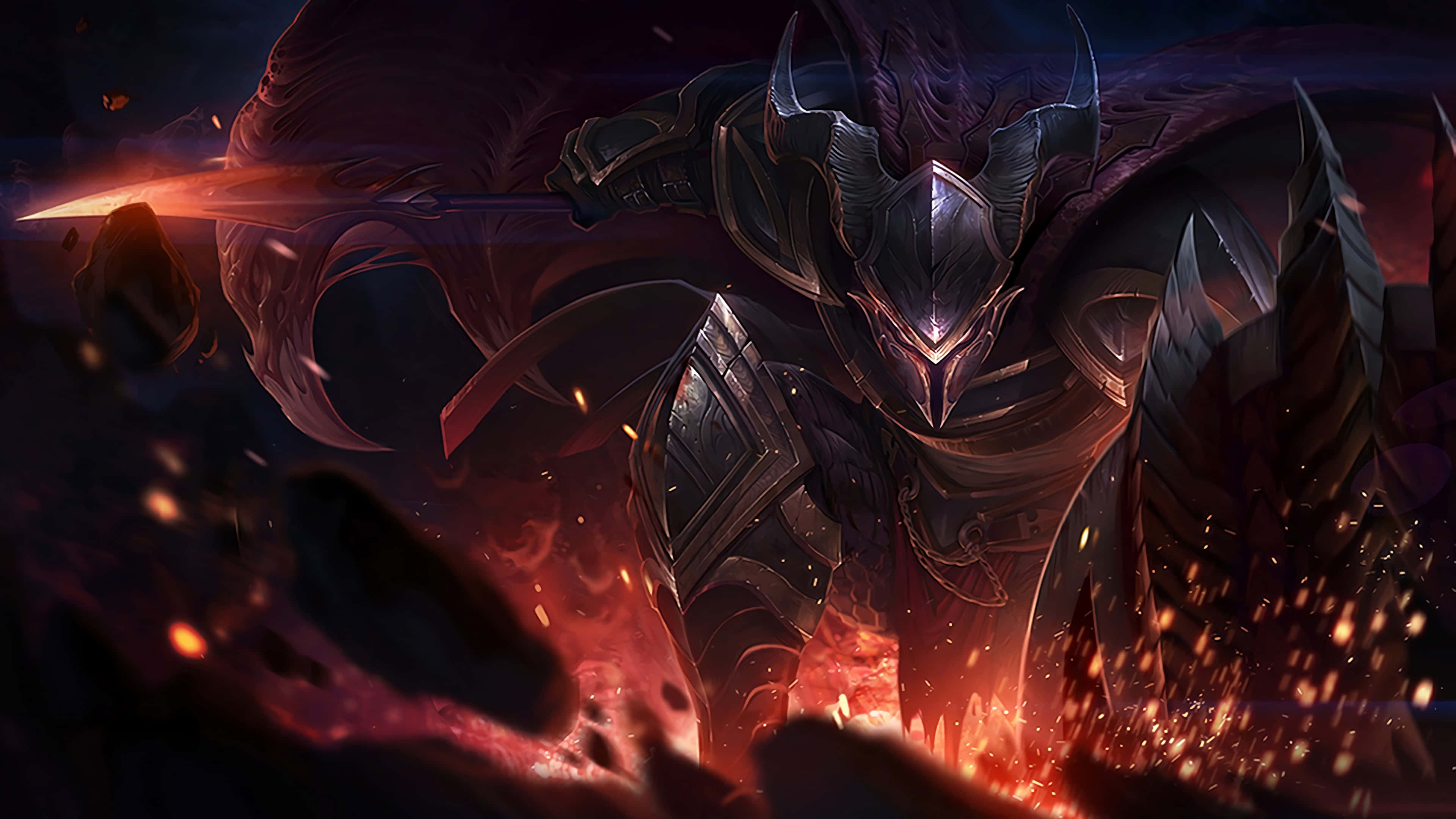 League Of Legends, dark armored warrior, glowing eyes, 4K Desktop Wallpaper