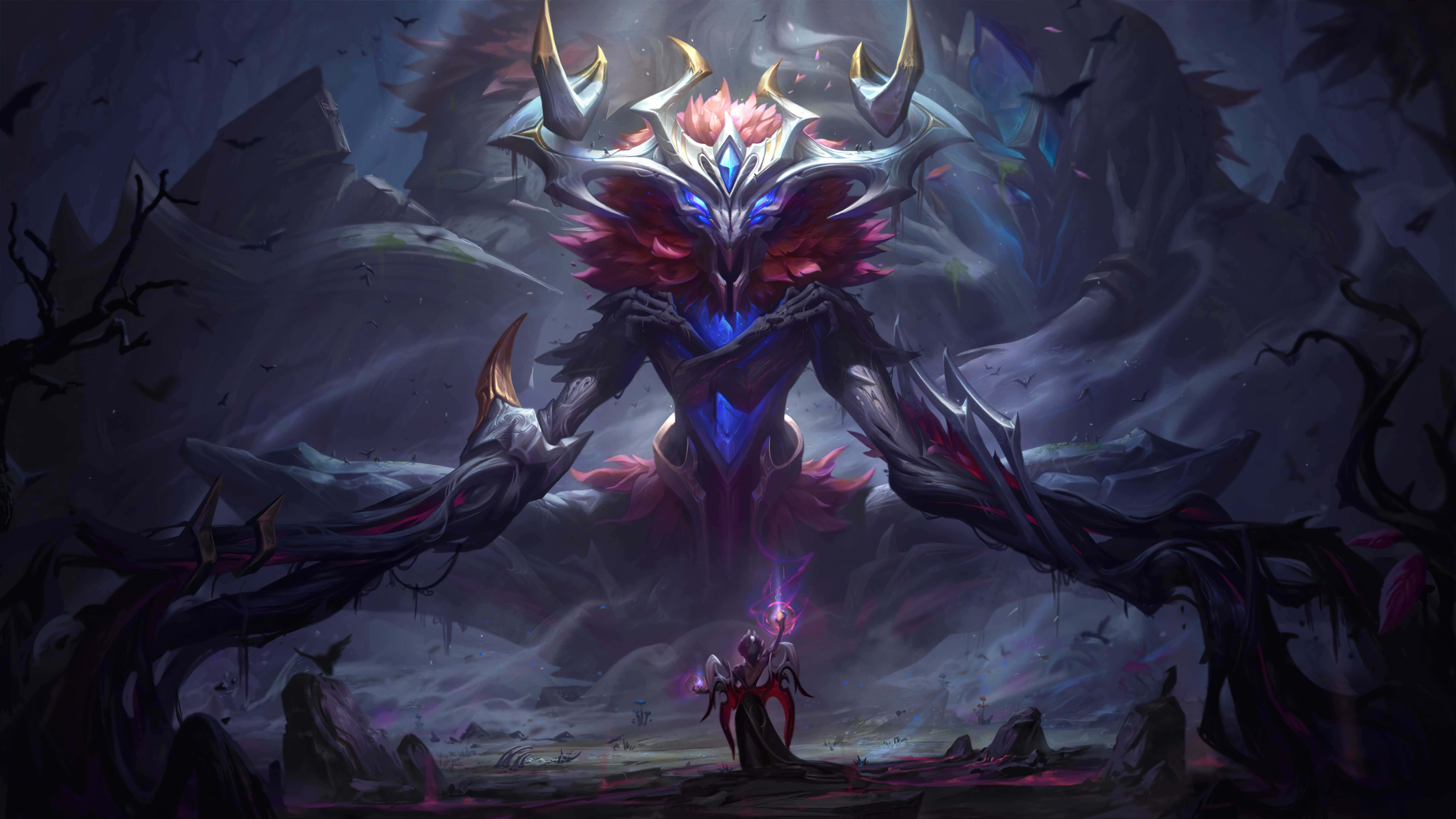 League Of Legends, biomechanical monster, glowing blue eyes, 8K Desktop Wallpaper