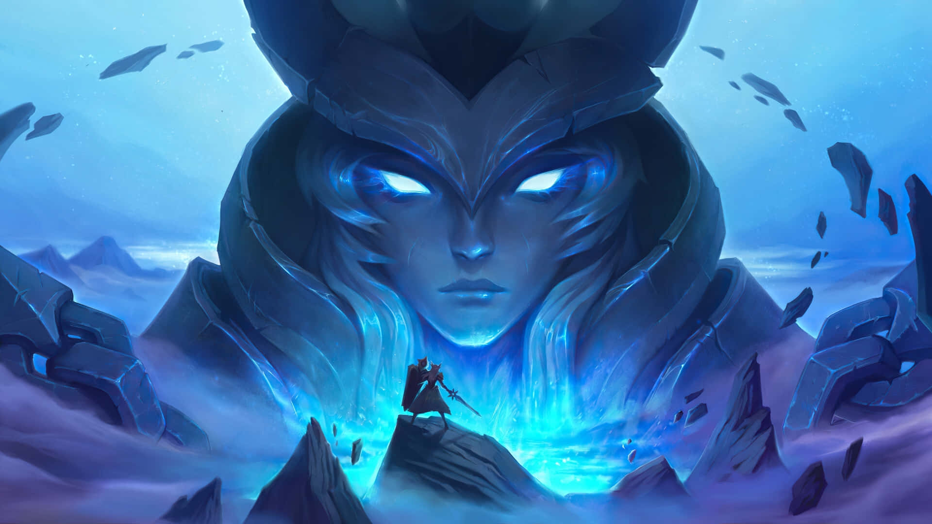 League Of Legends HD, glowing blue-faced deity, floating shattered rocks, Full HD Desktop Wallpaper