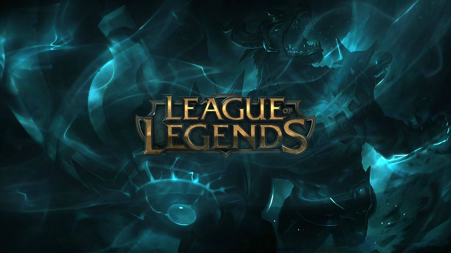 League Of Legends Logo, golden letters, dark teal mystical background, Full HD Desktop Wallpaper