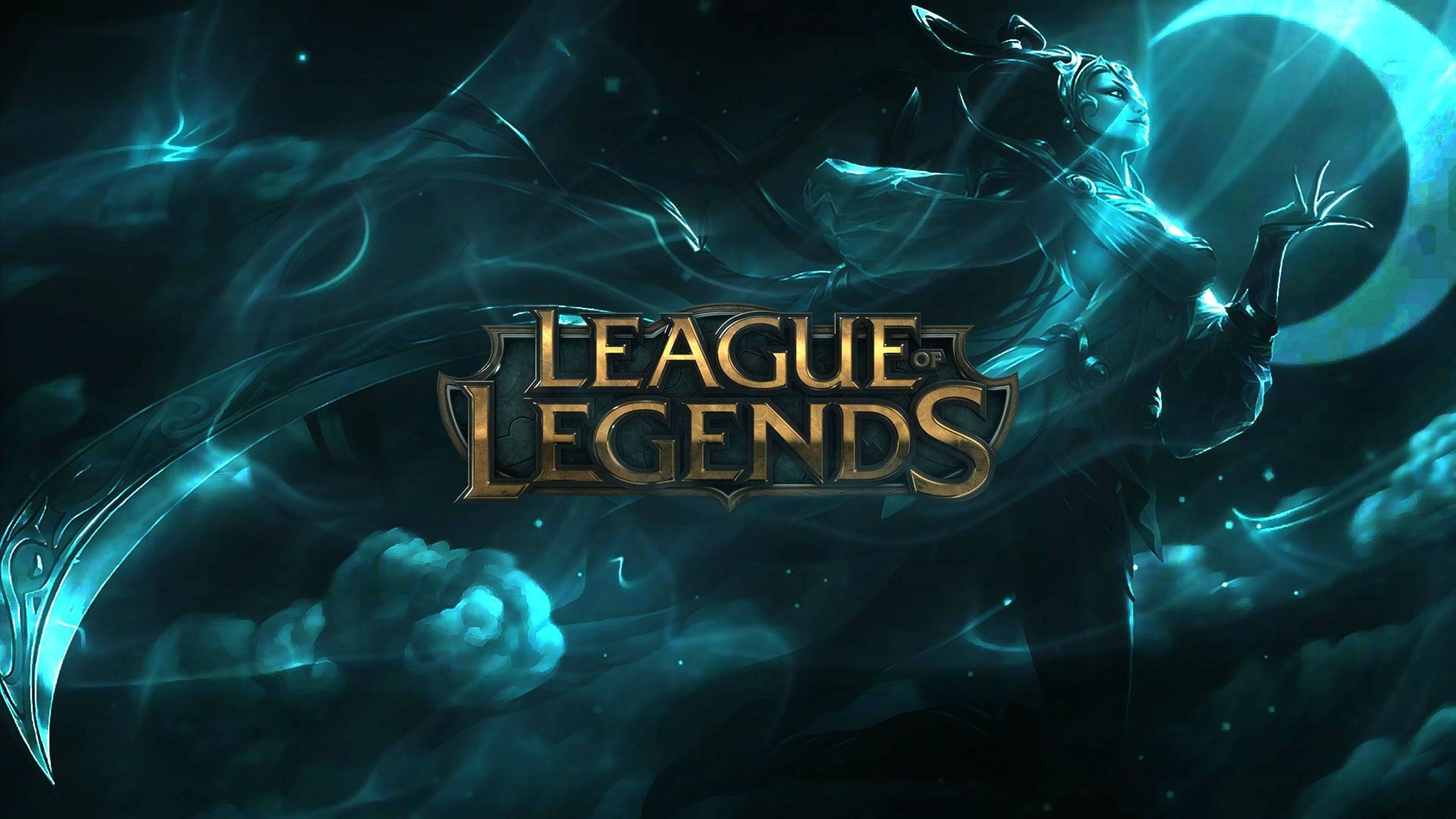 League of Legends logo, glowing blue energy, mystical figure, 4K Desktop Wallpaper