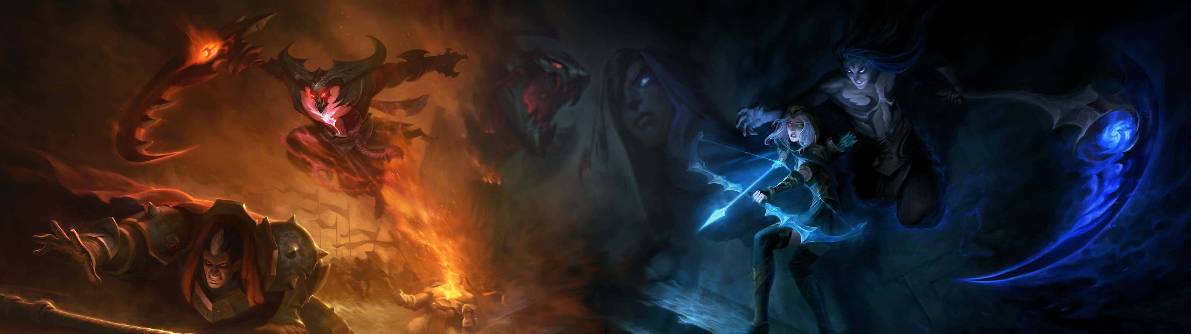 League Of Legends, dual screen, fantasy warriors, 4K Desktop Wallpaper