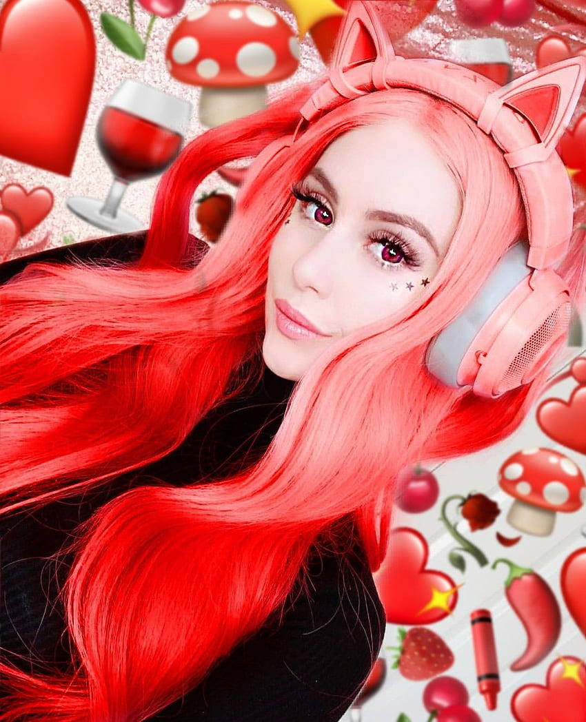 Leah Ashe, vibrant red hair, cat ear headphones, SD Phone Wallpaper