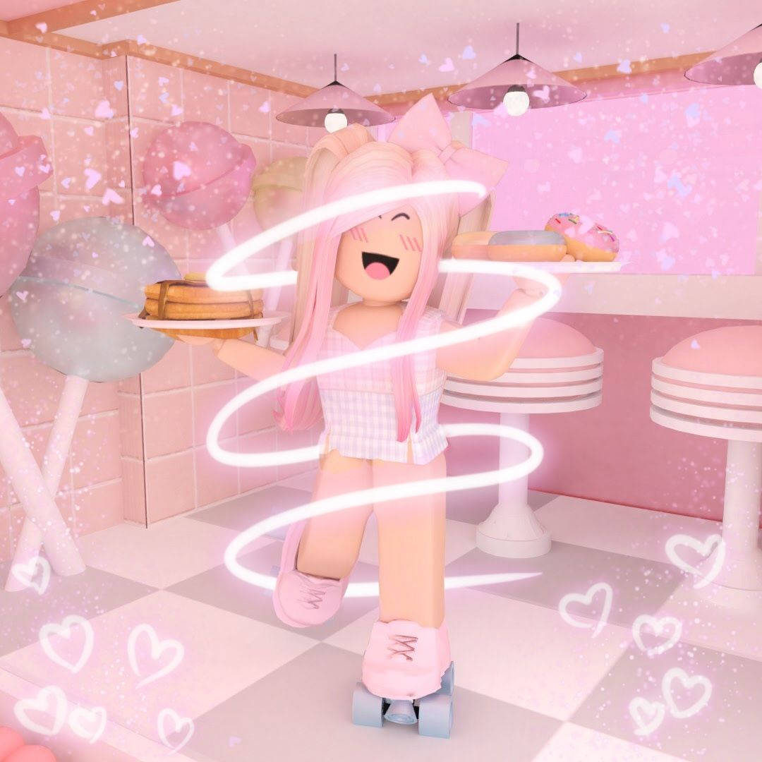 Leah Ashe, pink-haired Roblox character, roller skates, SD Desktop Wallpaper