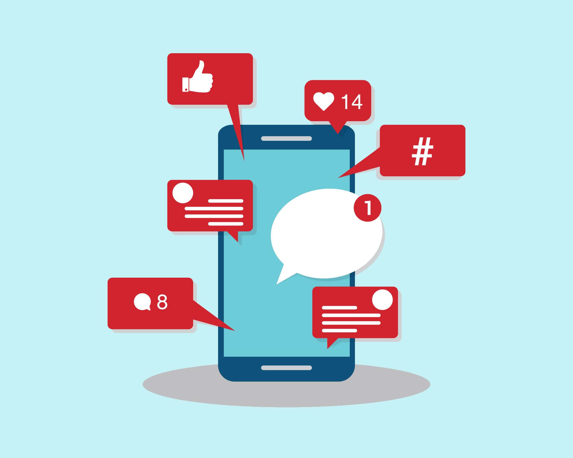 blue smartphone, red social media icons, likes comments and hashtags, Full HD Desktop Wallpaper