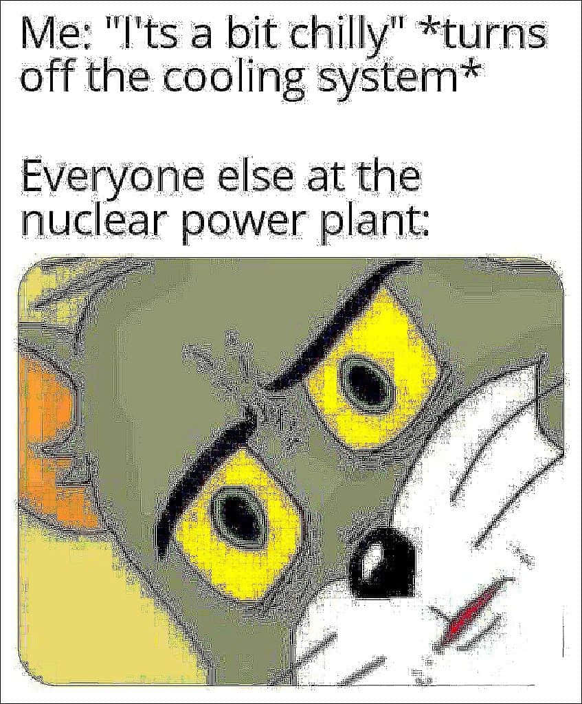 cartoon cat, wide yellow eyes, text explains turning off a nuclear plant's cooling system, SD Phone Wallpaper
