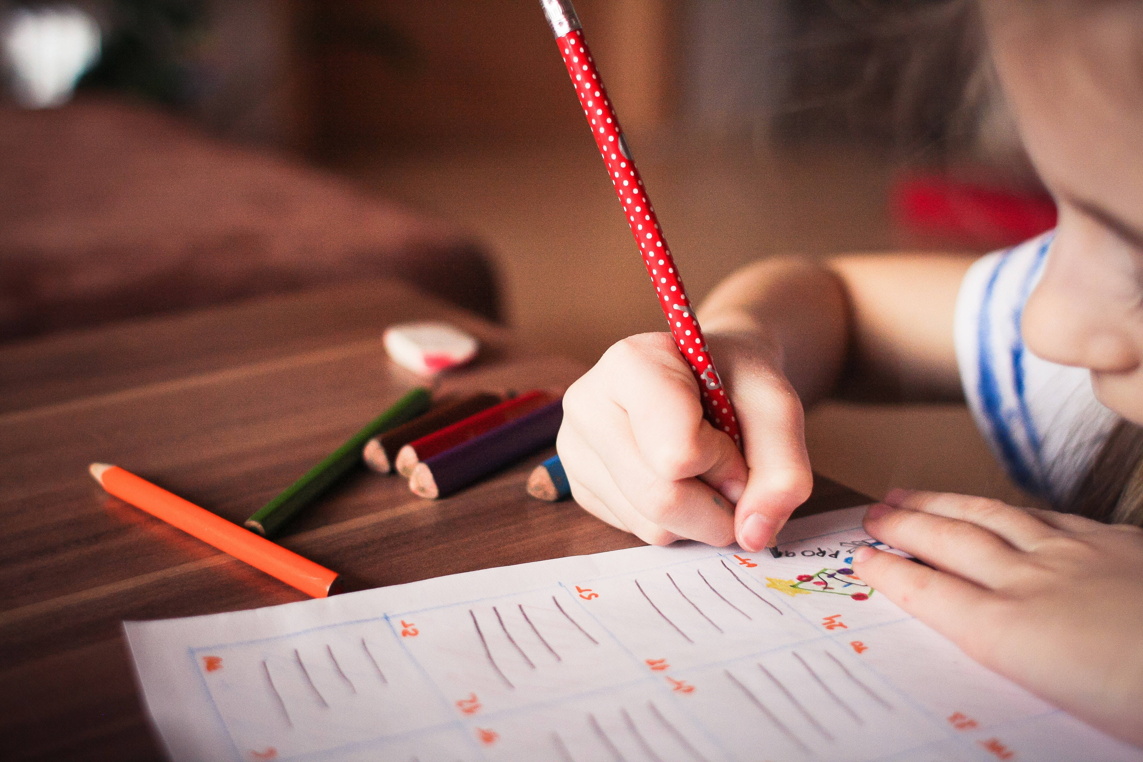 young girl, red polka-dot pencil, worksheet, 4K Desktop Wallpaper