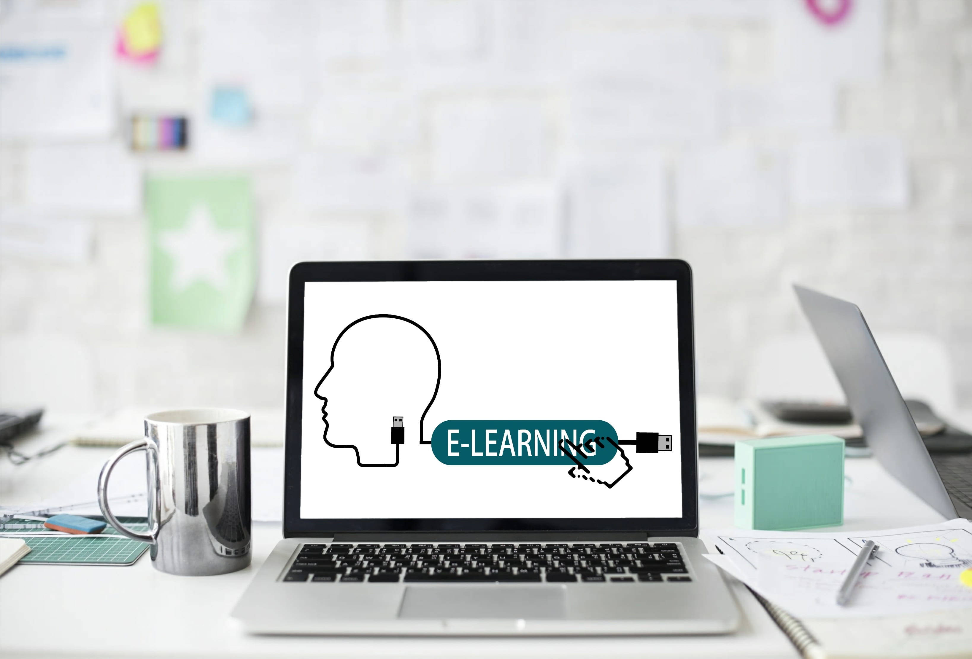 e-learning cable, laptop, graphic of a head plugged into an e-learning cable, 2K Desktop Wallpaper