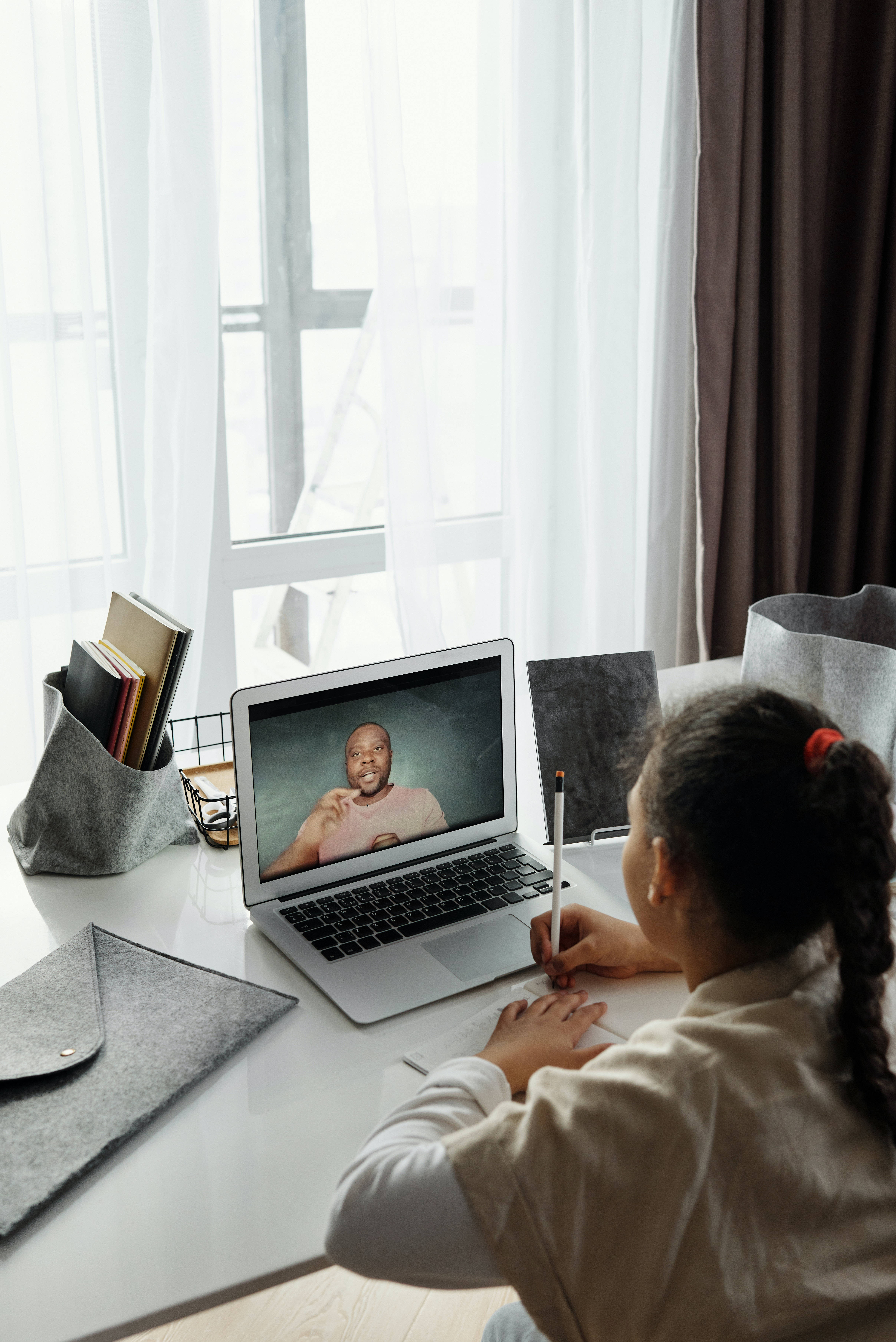laptop, video call, young girl, 5K Phone Wallpaper