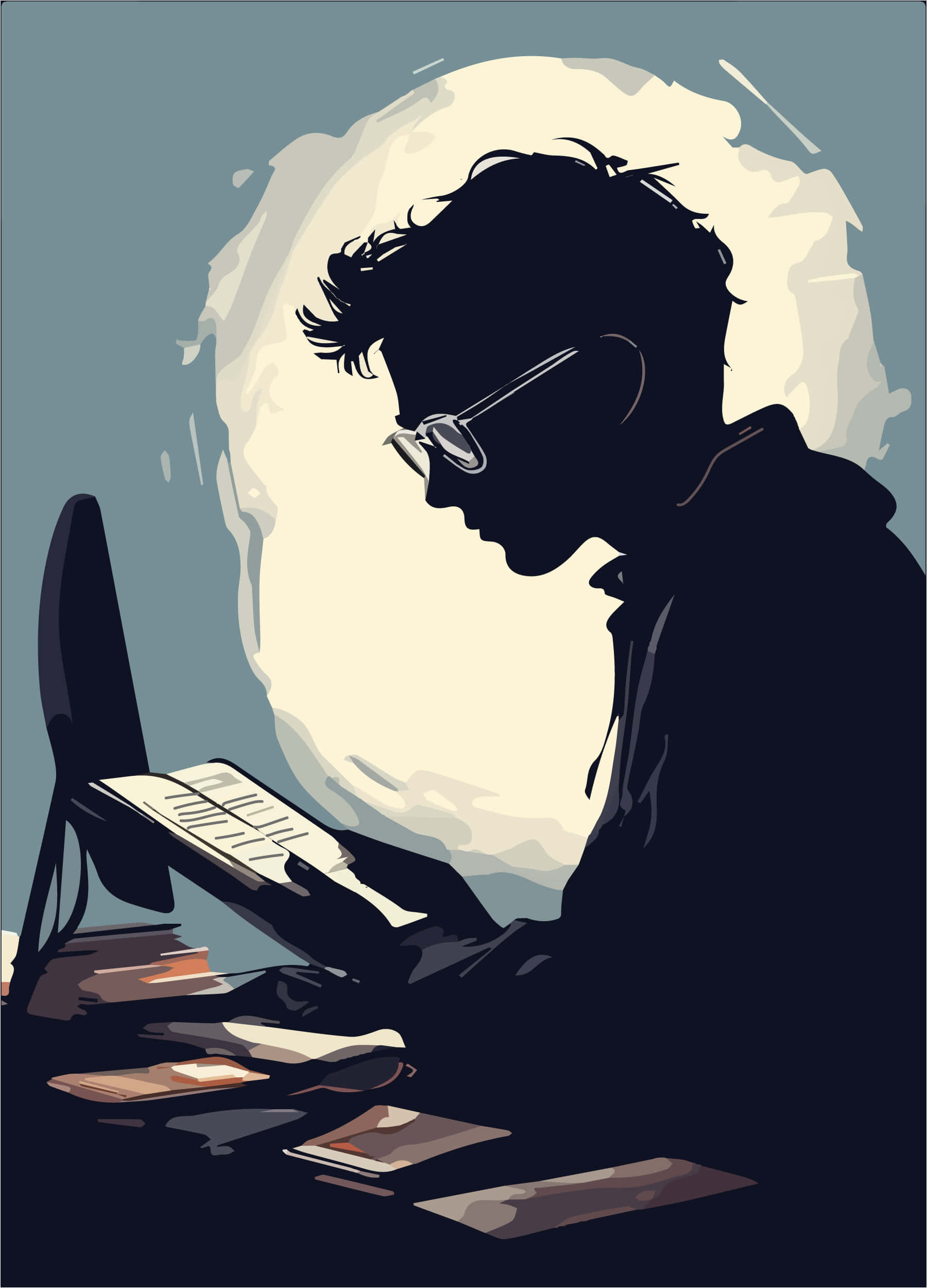 a boy reading a book, Late-Night Learning, silhouetted figure with glasses, Full HD Phone Wallpaper