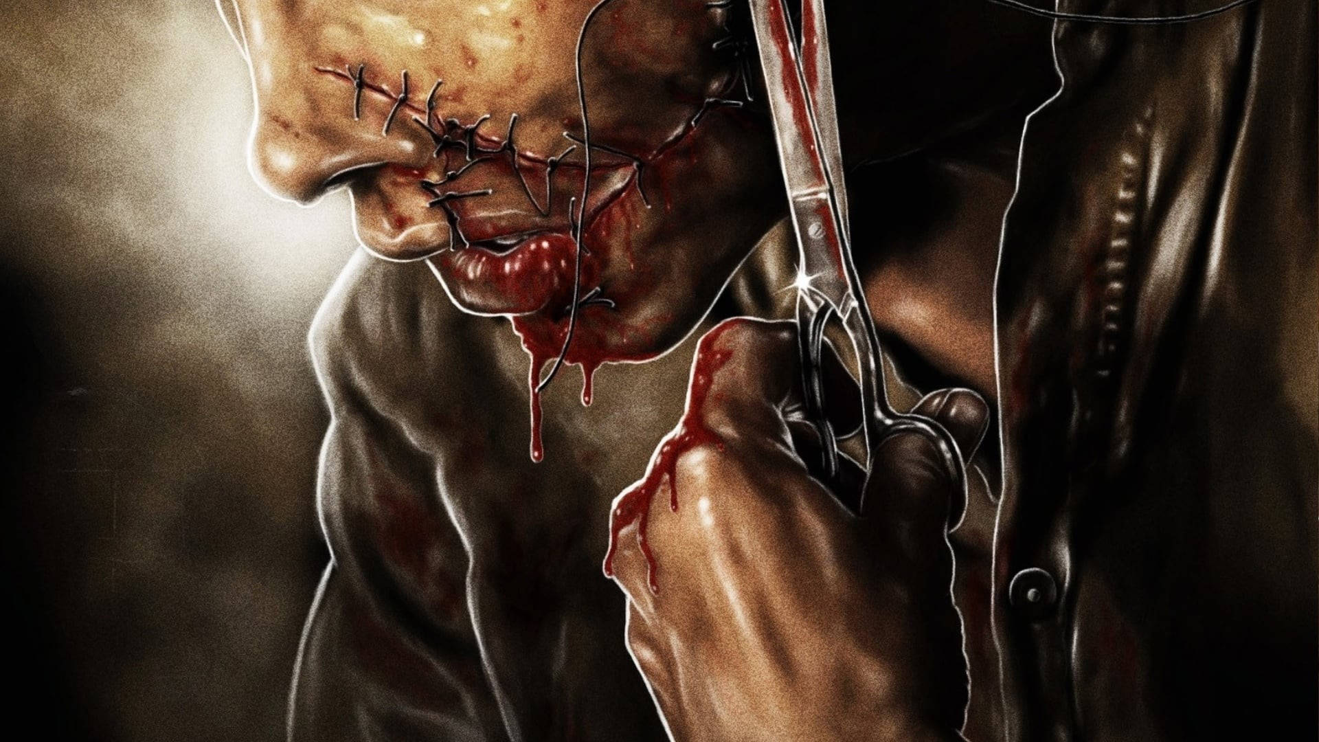 Leatherface, stitched lips, scissors dripping red, Full HD Desktop Wallpaper