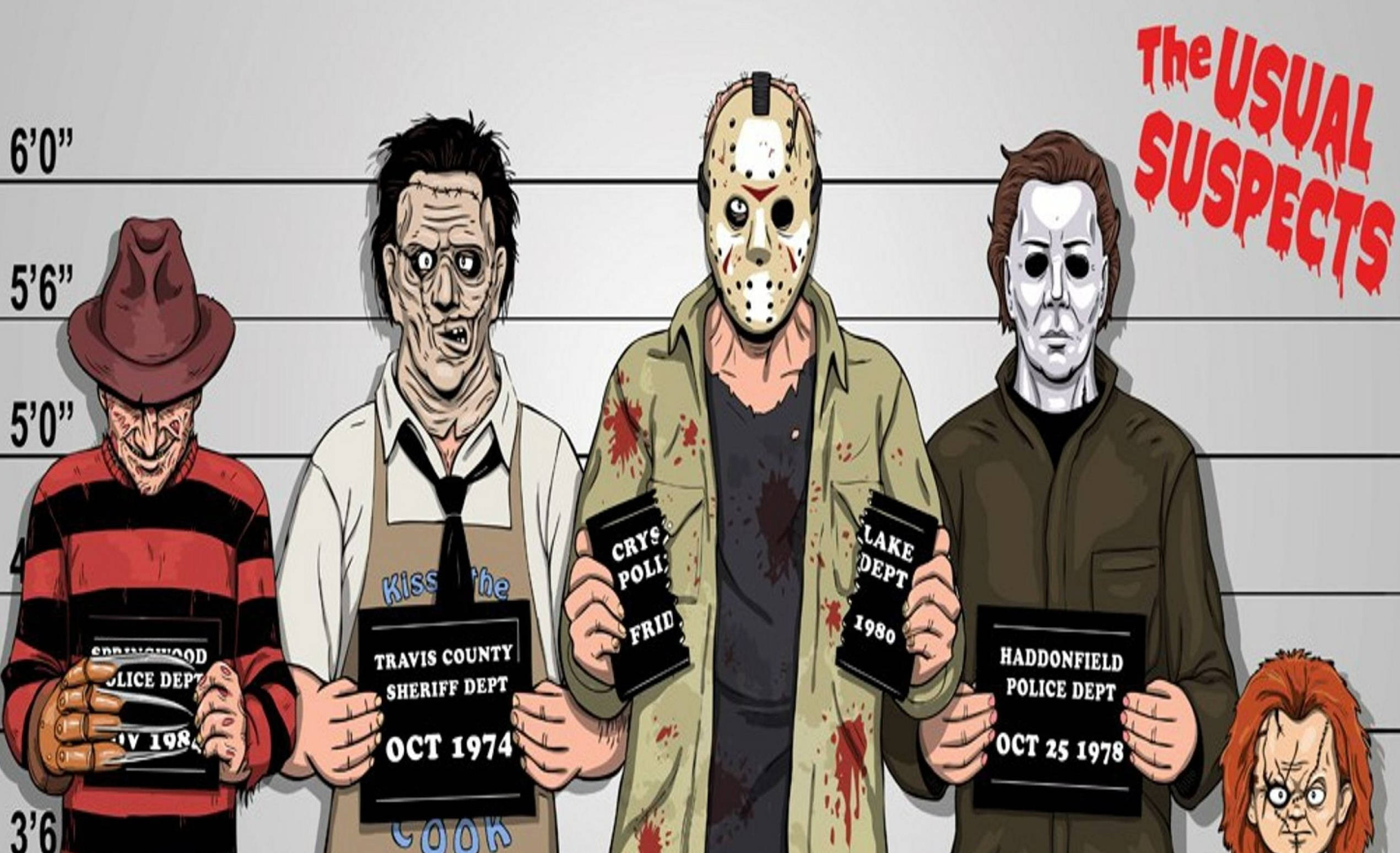 Leatherface, horror villains, mugshot lineup, Full HD Desktop Wallpaper