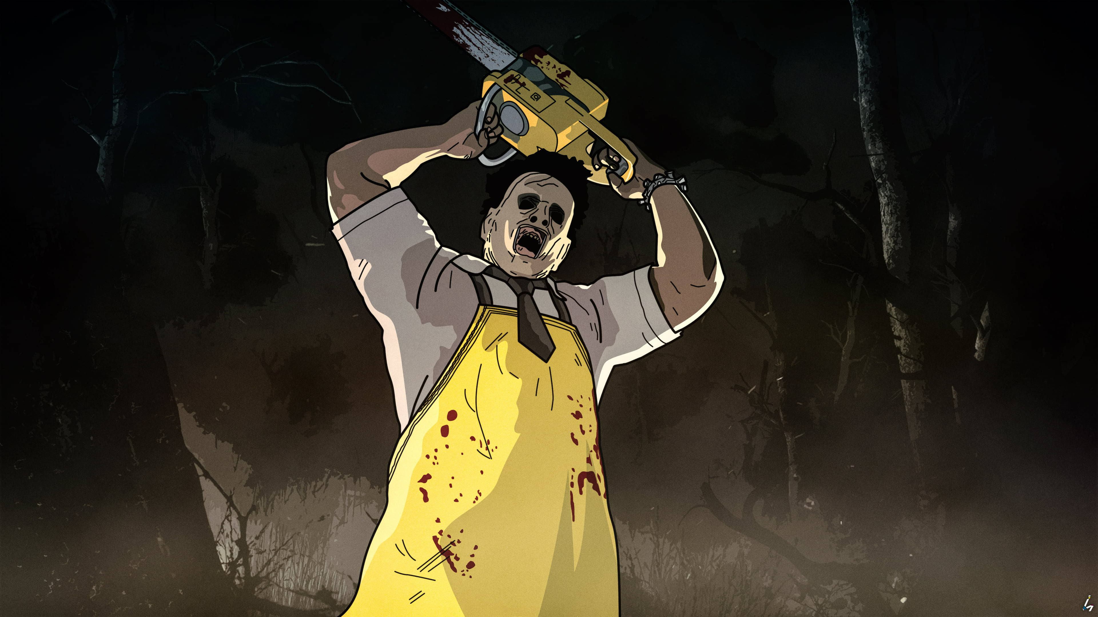 Leatherface, yellow apron, chainsaw, 4K Desktop Wallpaper