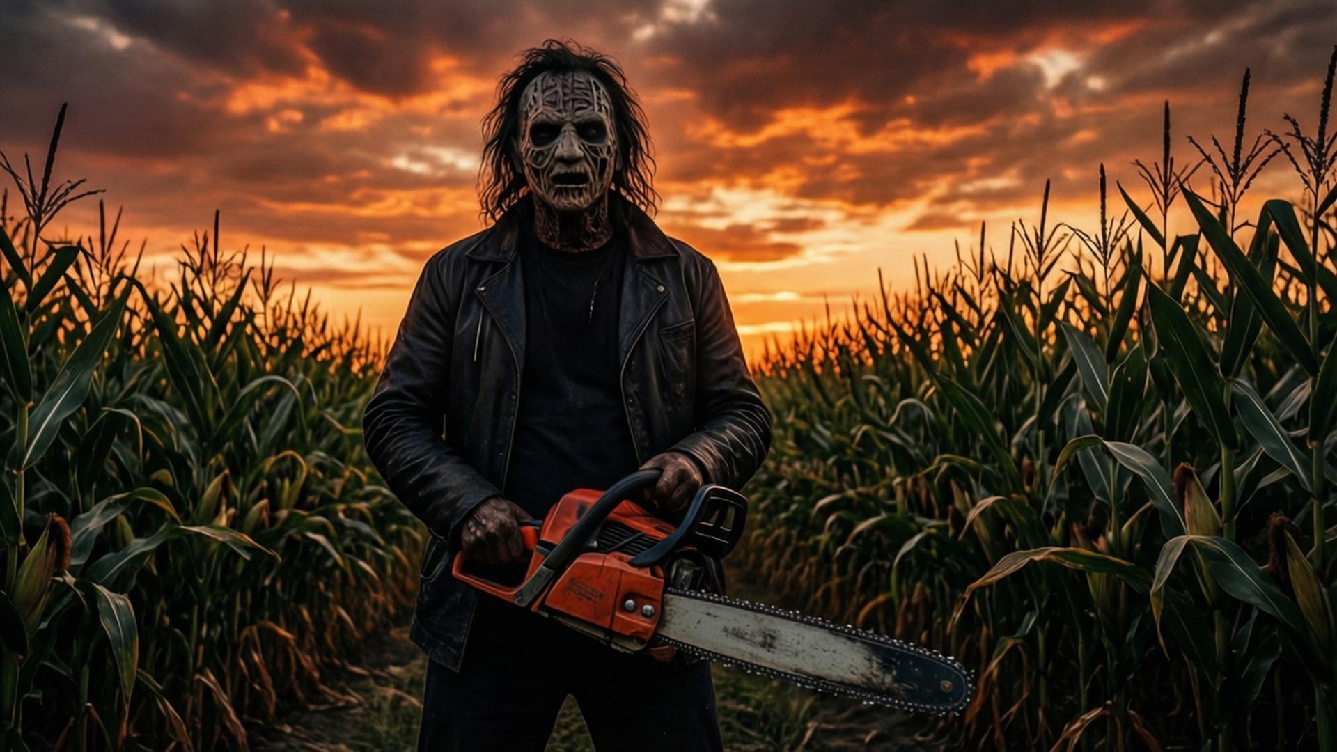 Cornfield Dusk Silhouette, masked horror figure, leather jacket, Full HD Desktop Wallpaper