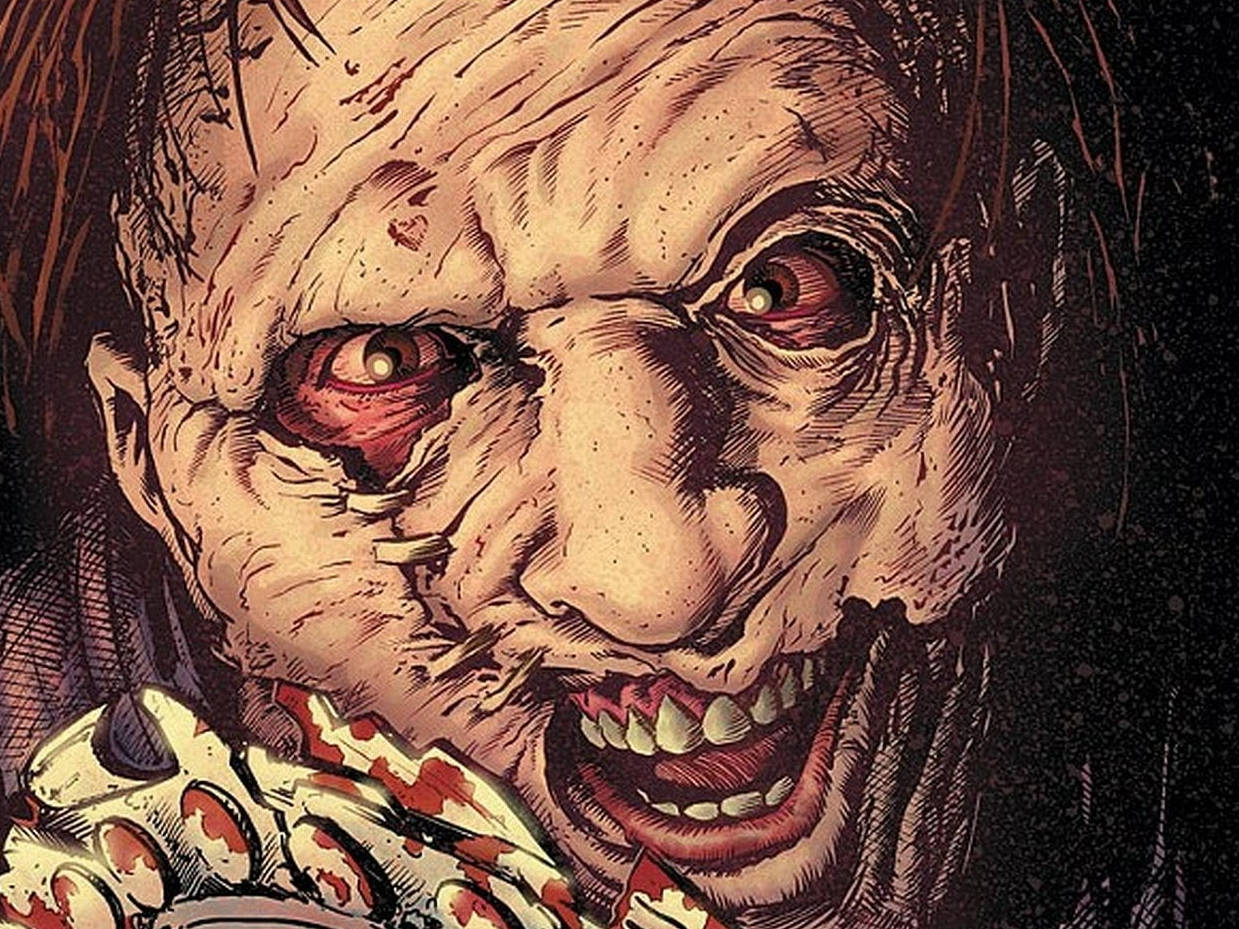 Leatherface, horror-comic style, bloodshot eyes, SD Desktop Wallpaper