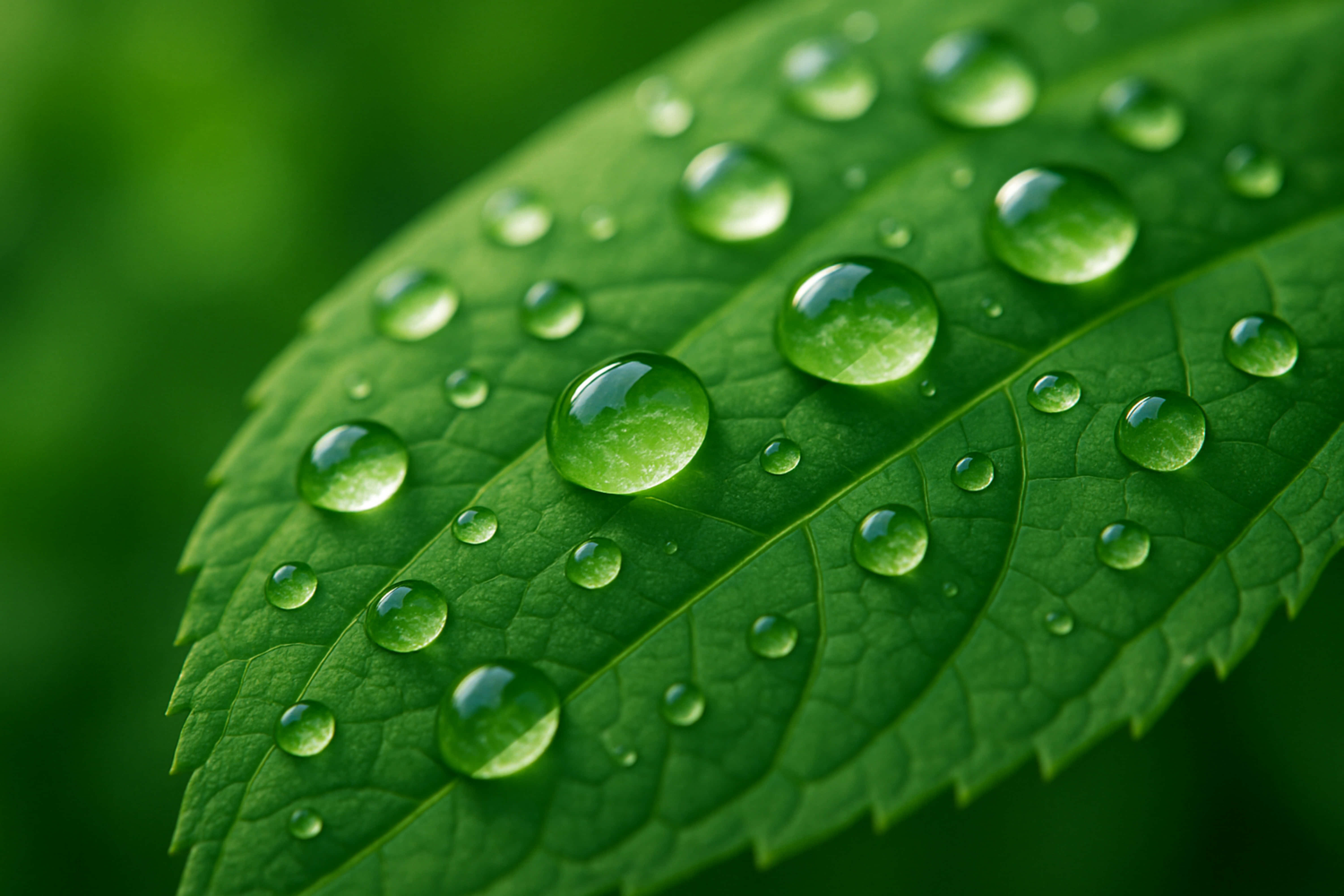 green leaf, water drops, serrated edges, 5K Desktop Wallpaper