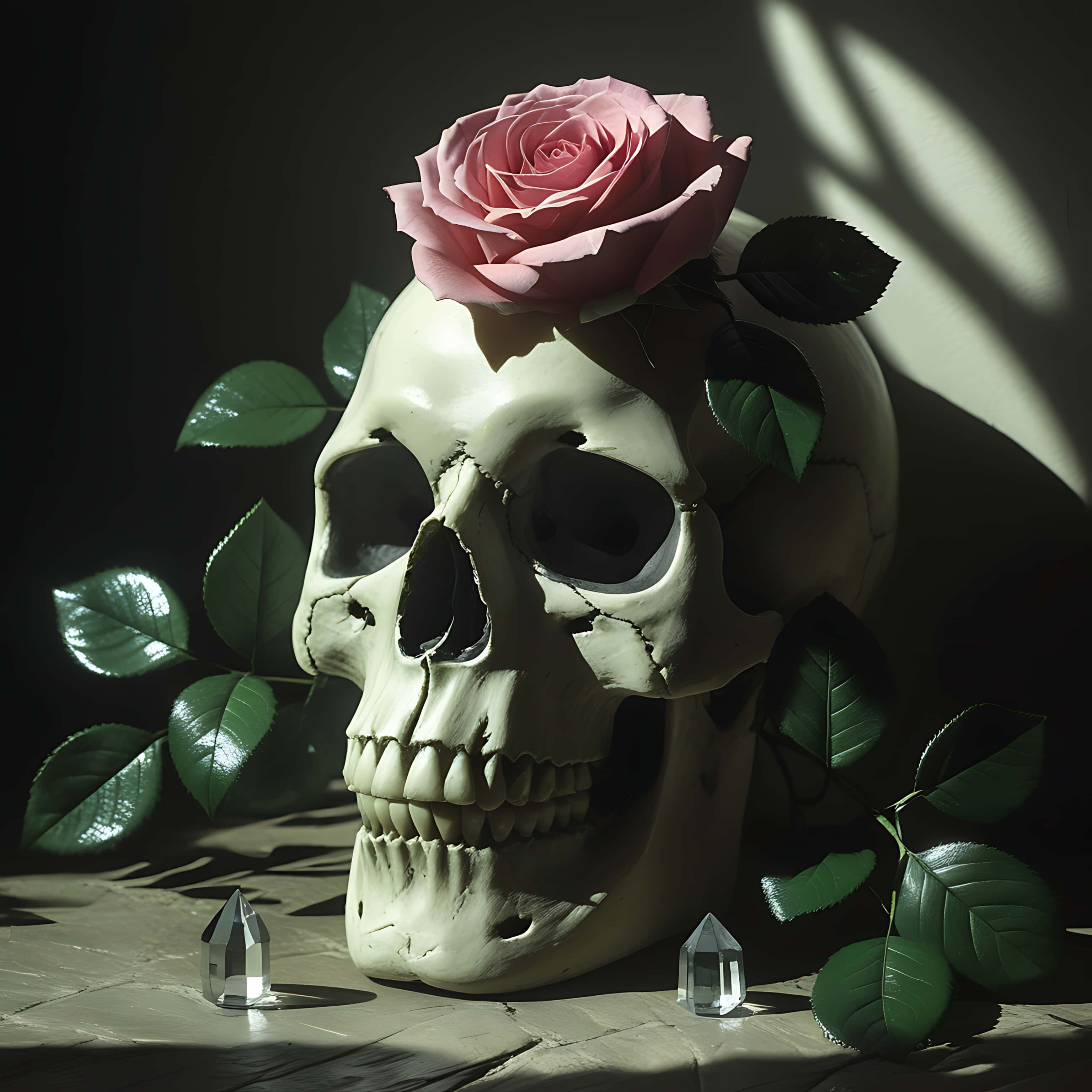 rose kissed skull, moonlit shadows, pink rose, 2K Desktop Wallpaper