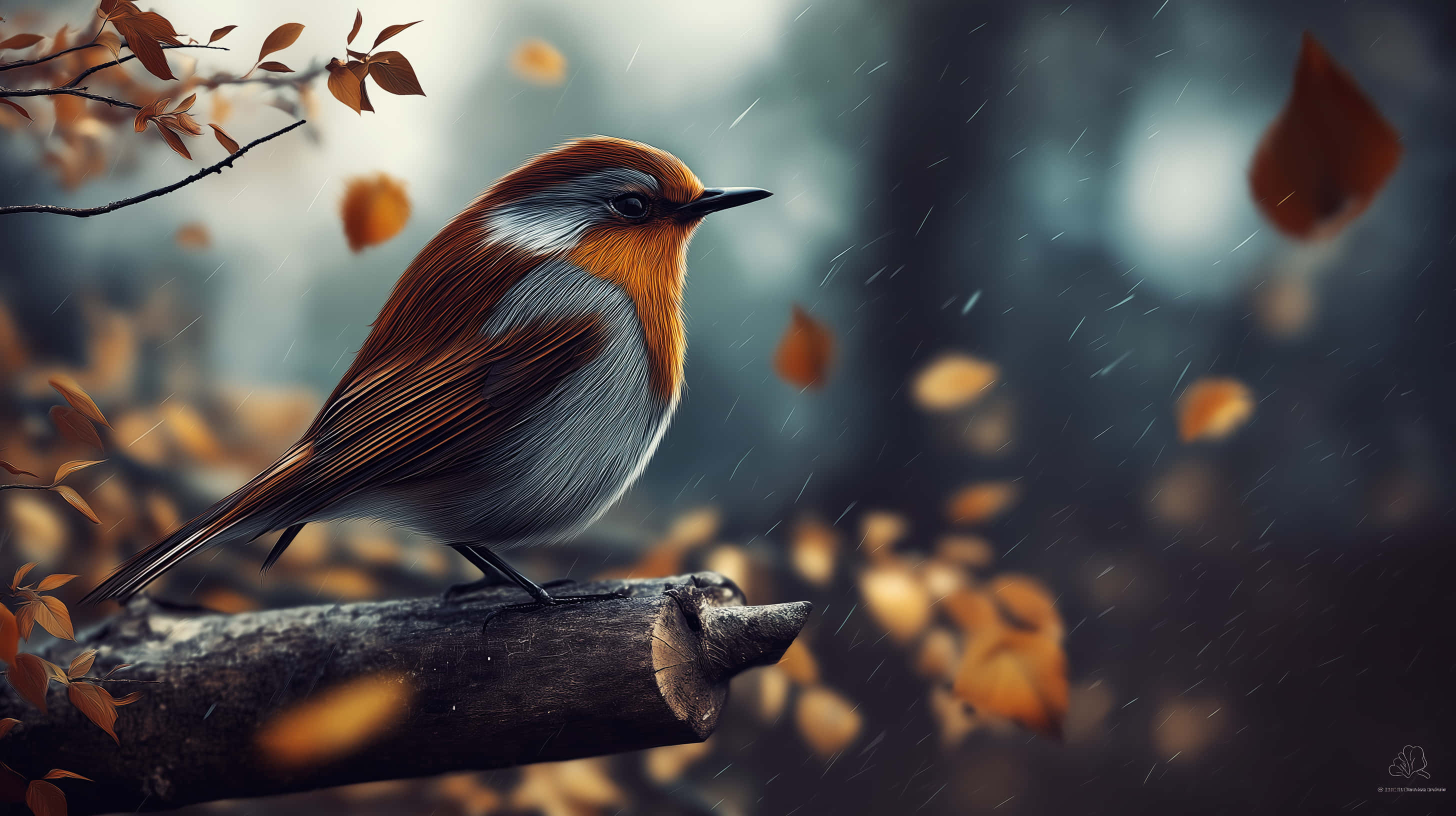 robin bird, mossy branch, golden leaves, 2K Desktop Wallpaper