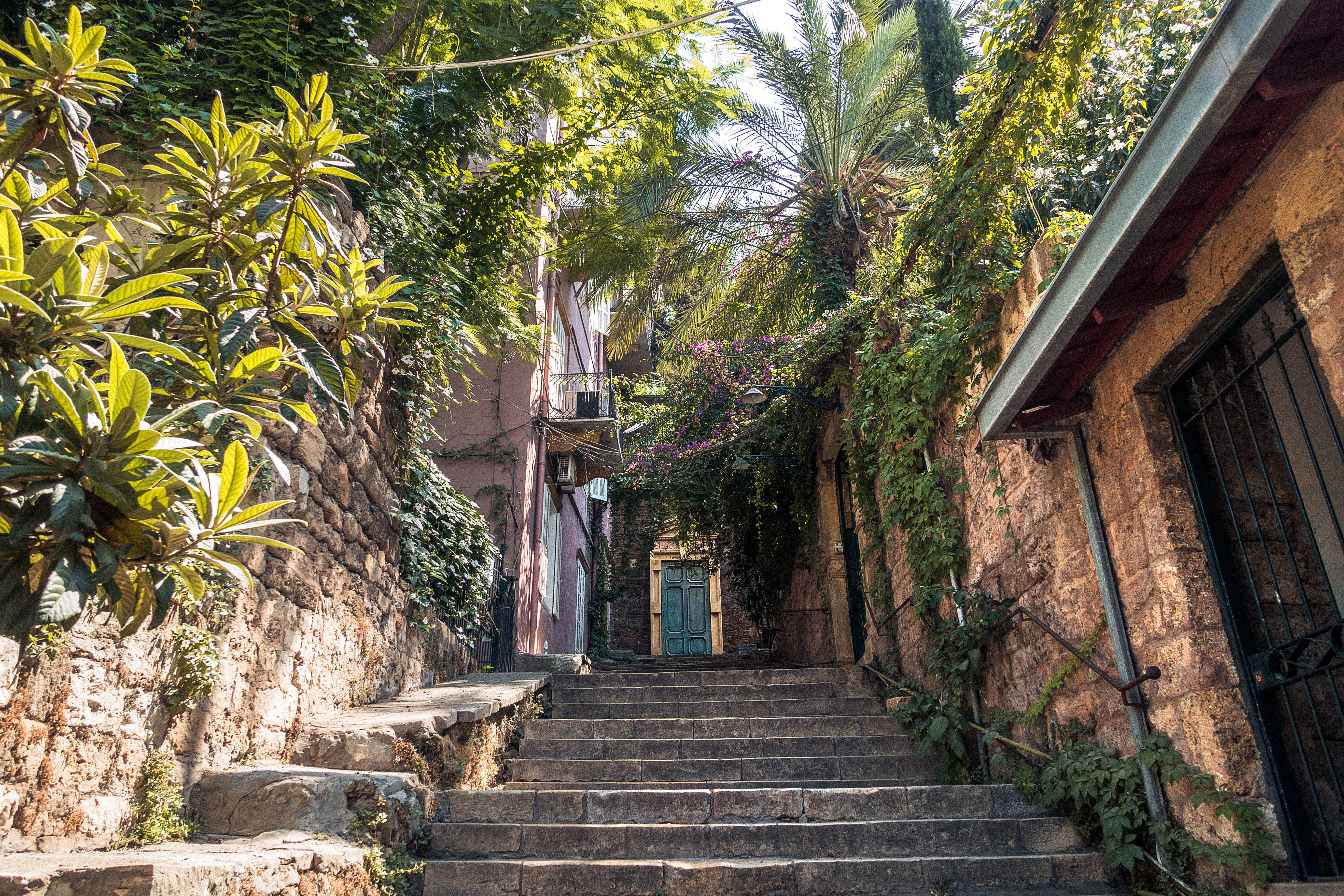Lebanon, modern style door, sunlit stone stairs, 5K Desktop Wallpaper