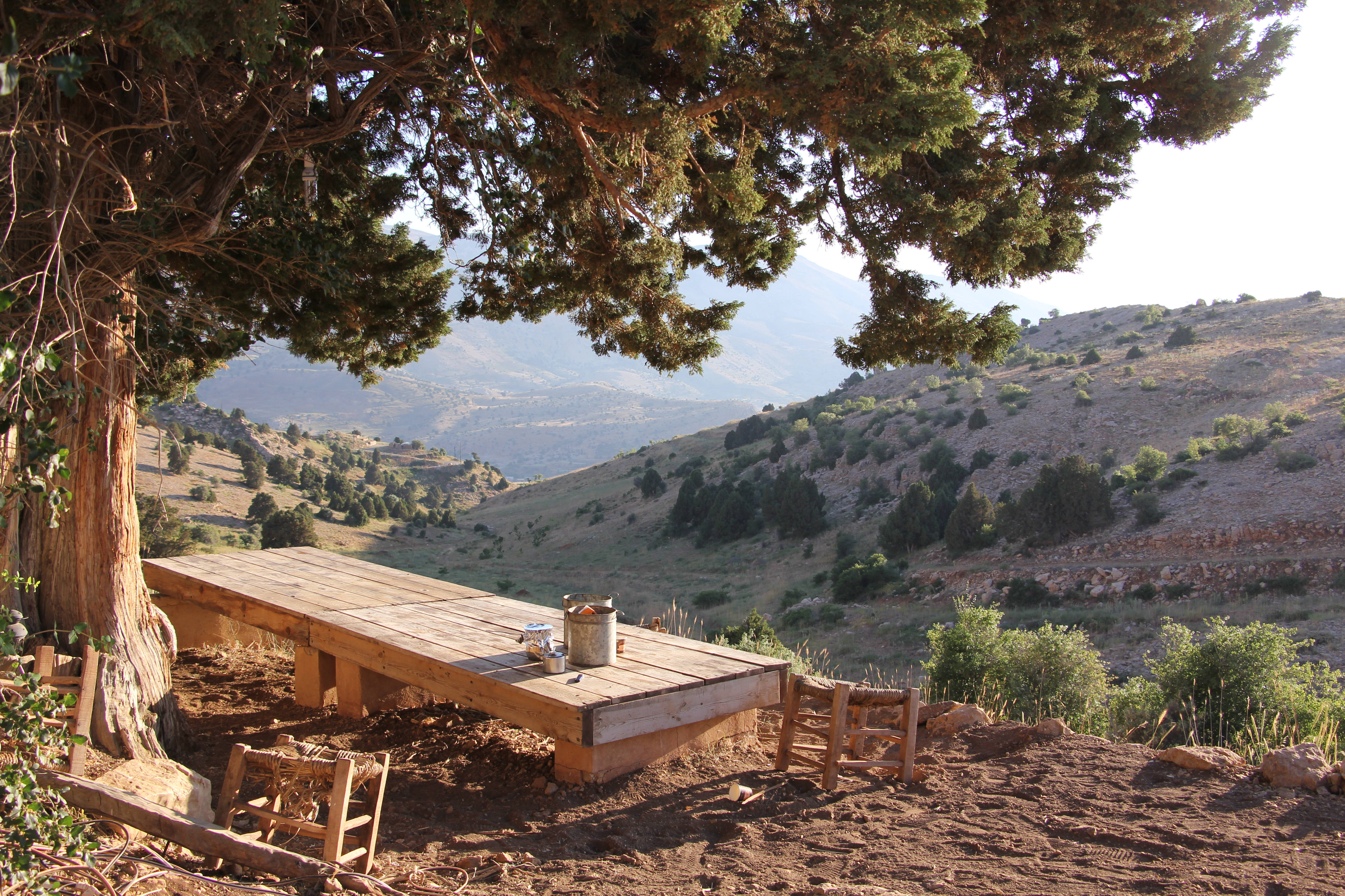 Lebanon, hill view, wooden table, 5K Desktop Wallpaper